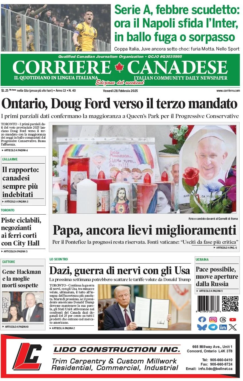 anteprima della prima pagina di corriere-canadese del 28/02/2025