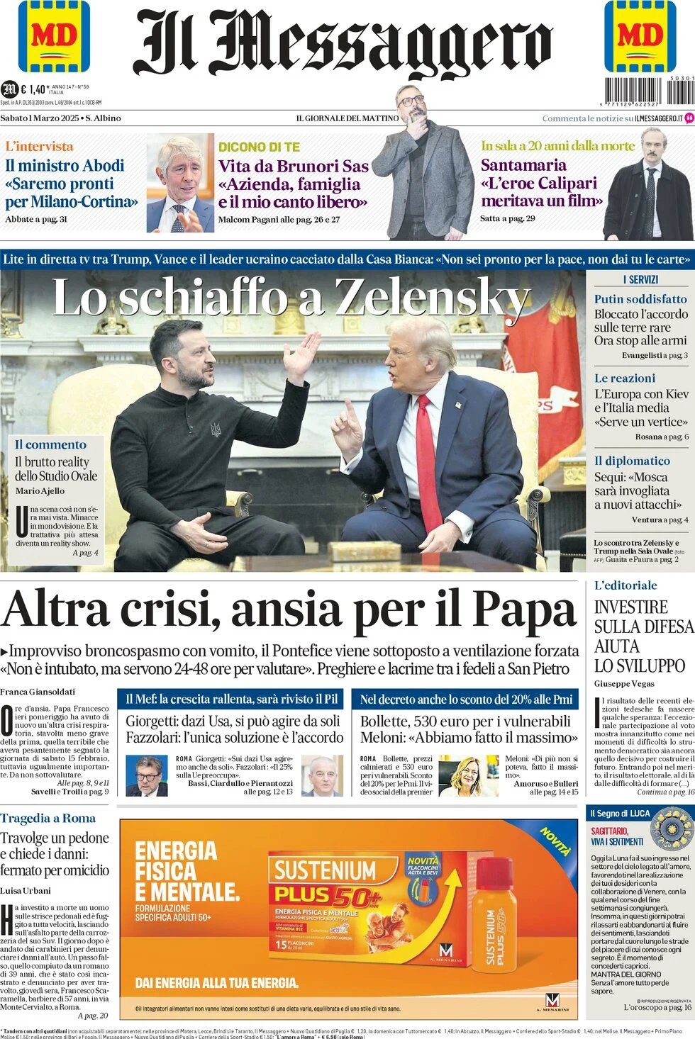 anteprima della prima pagina di il-messaggero del 01/03/2025