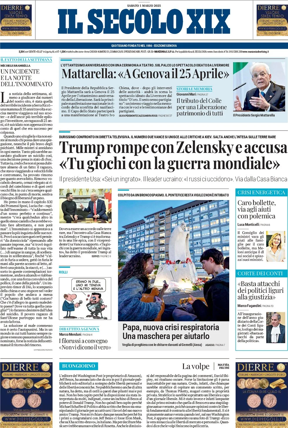 anteprima della prima pagina di il-secolo-xix del 01/03/2025