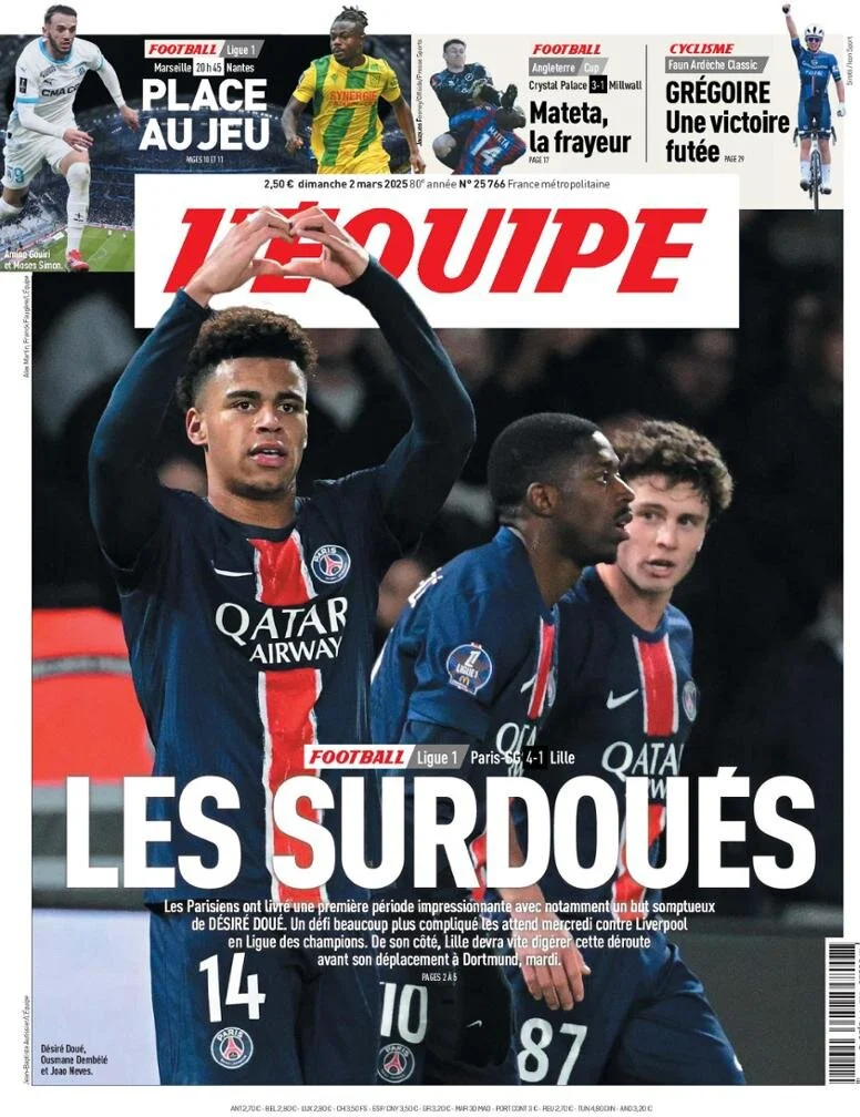 anteprima della prima pagina di lequipe del 02/03/2025
