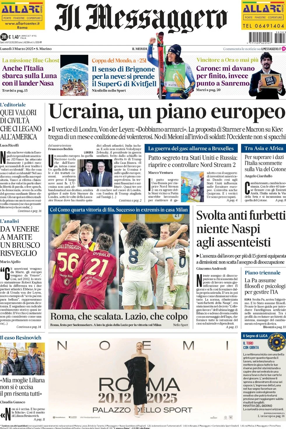 anteprima della prima pagina di il-messaggero del 03/03/2025