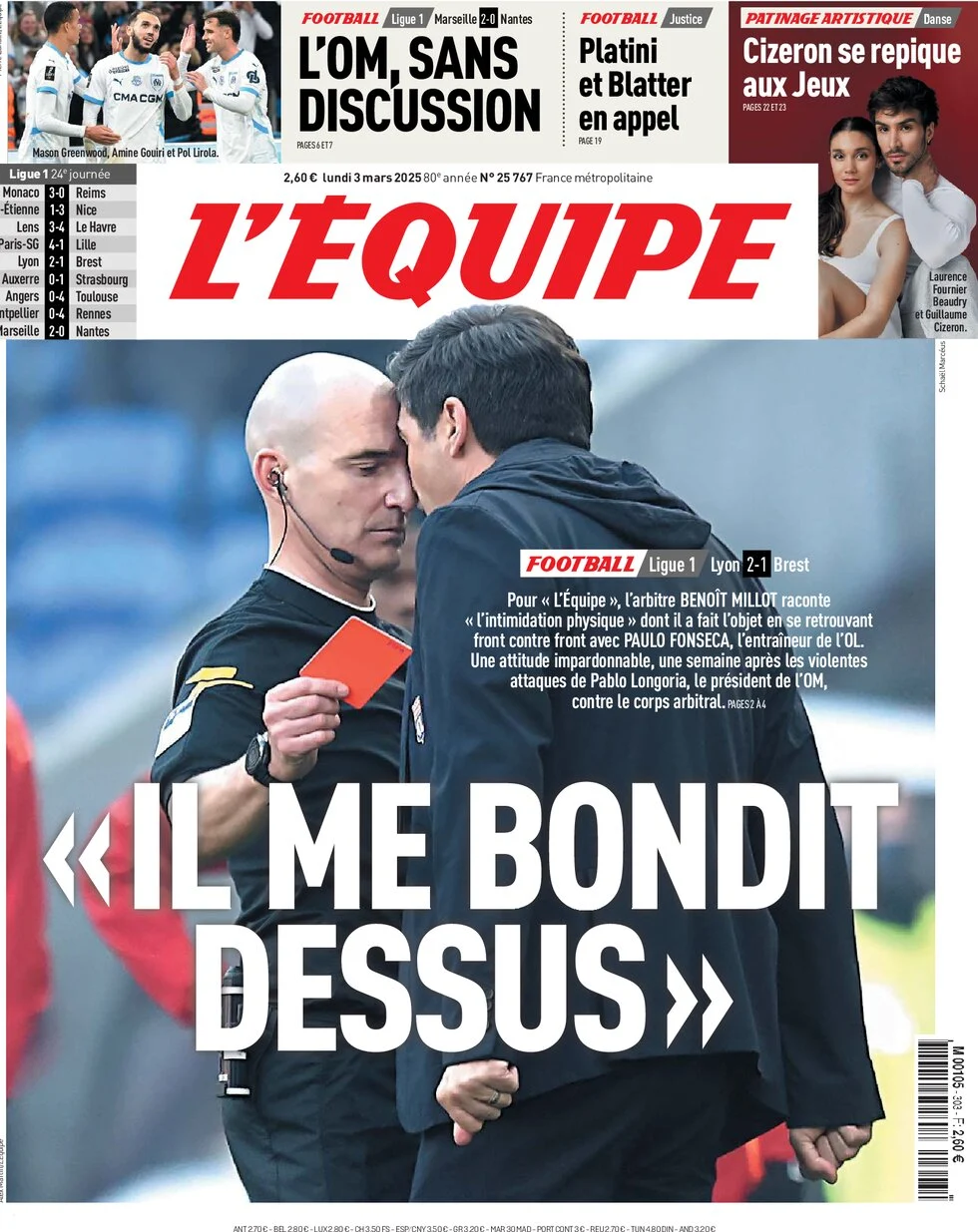 anteprima della prima pagina di lequipe del 03/03/2025