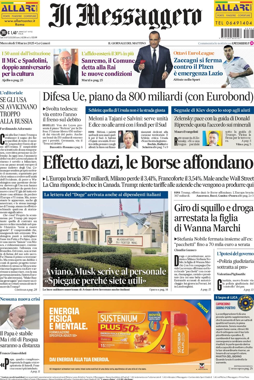 anteprima della prima pagina di il-messaggero del 05/03/2025