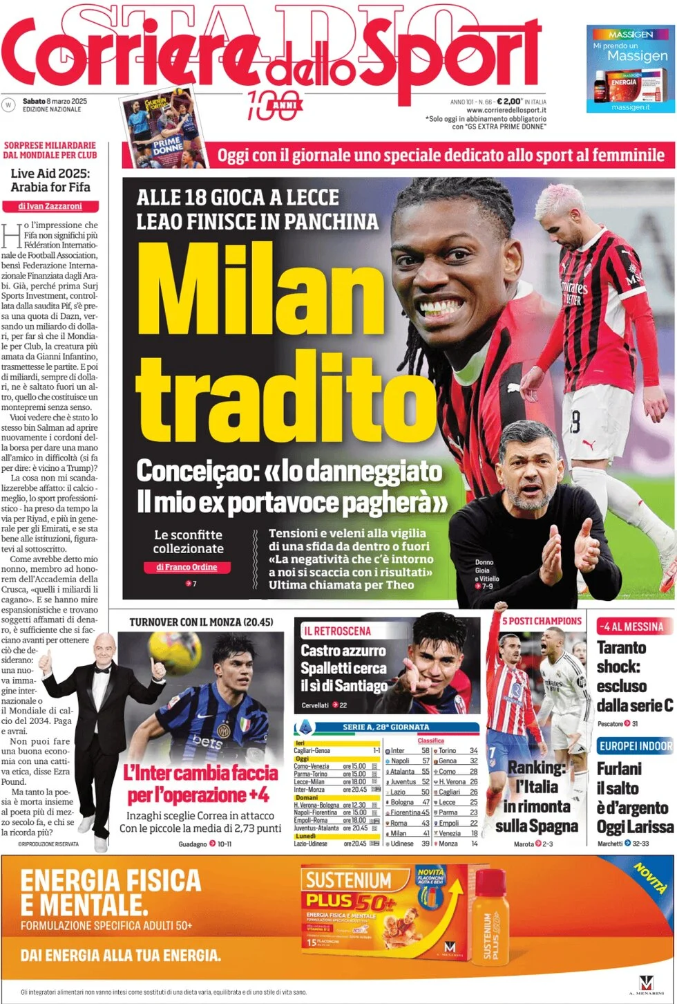 anteprima della prima pagina di corriere-dello-sport del 08/03/2025