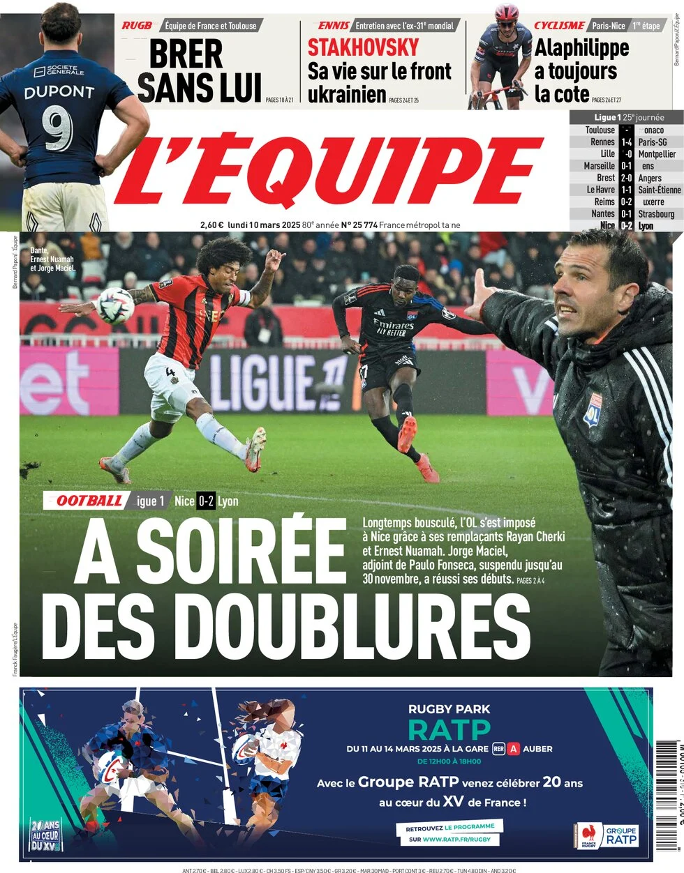 anteprima della prima pagina di lequipe del 10/03/2025