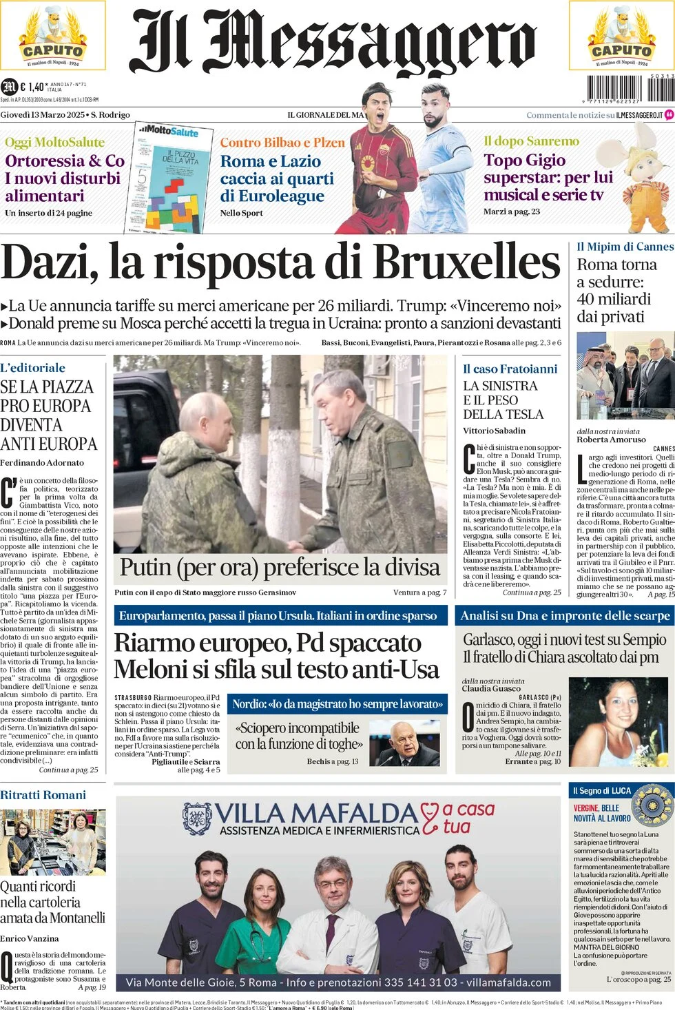 anteprima della prima pagina di il-messaggero del 13/03/2025