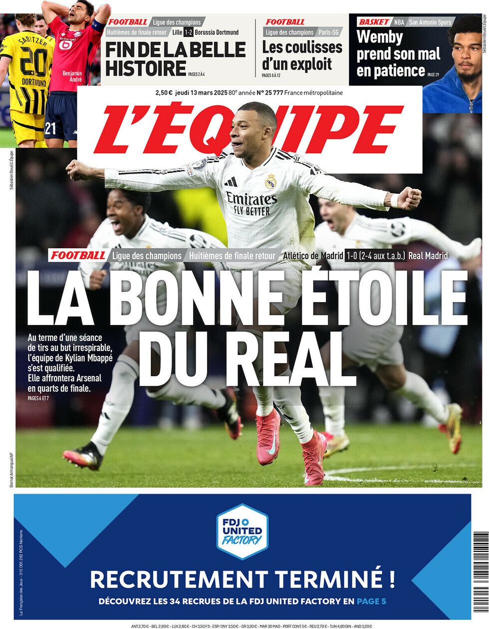 anteprima della prima pagina di lequipe del 13/03/2025