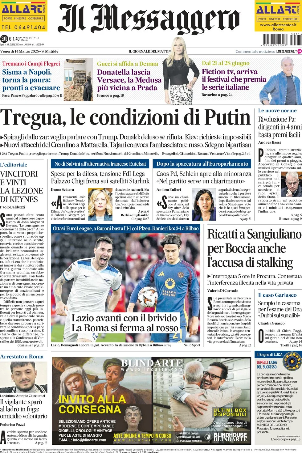 anteprima della prima pagina di il-messaggero del 14/03/2025
