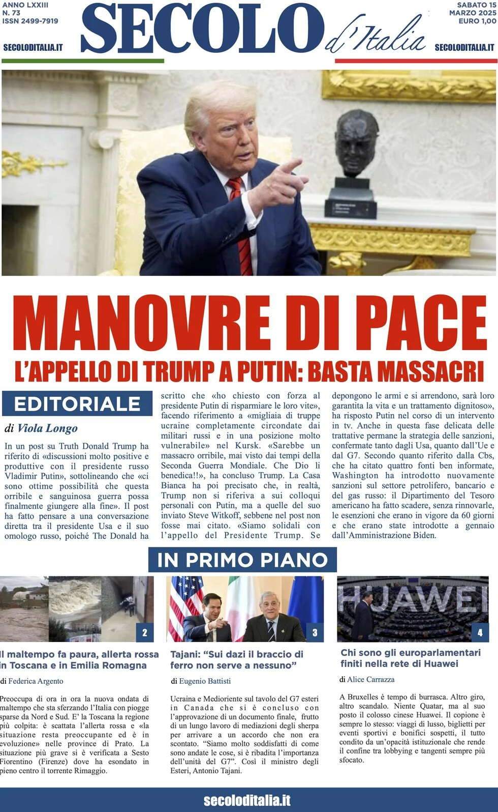 anteprima della prima pagina di secolo-ditalia del 15/03/2025