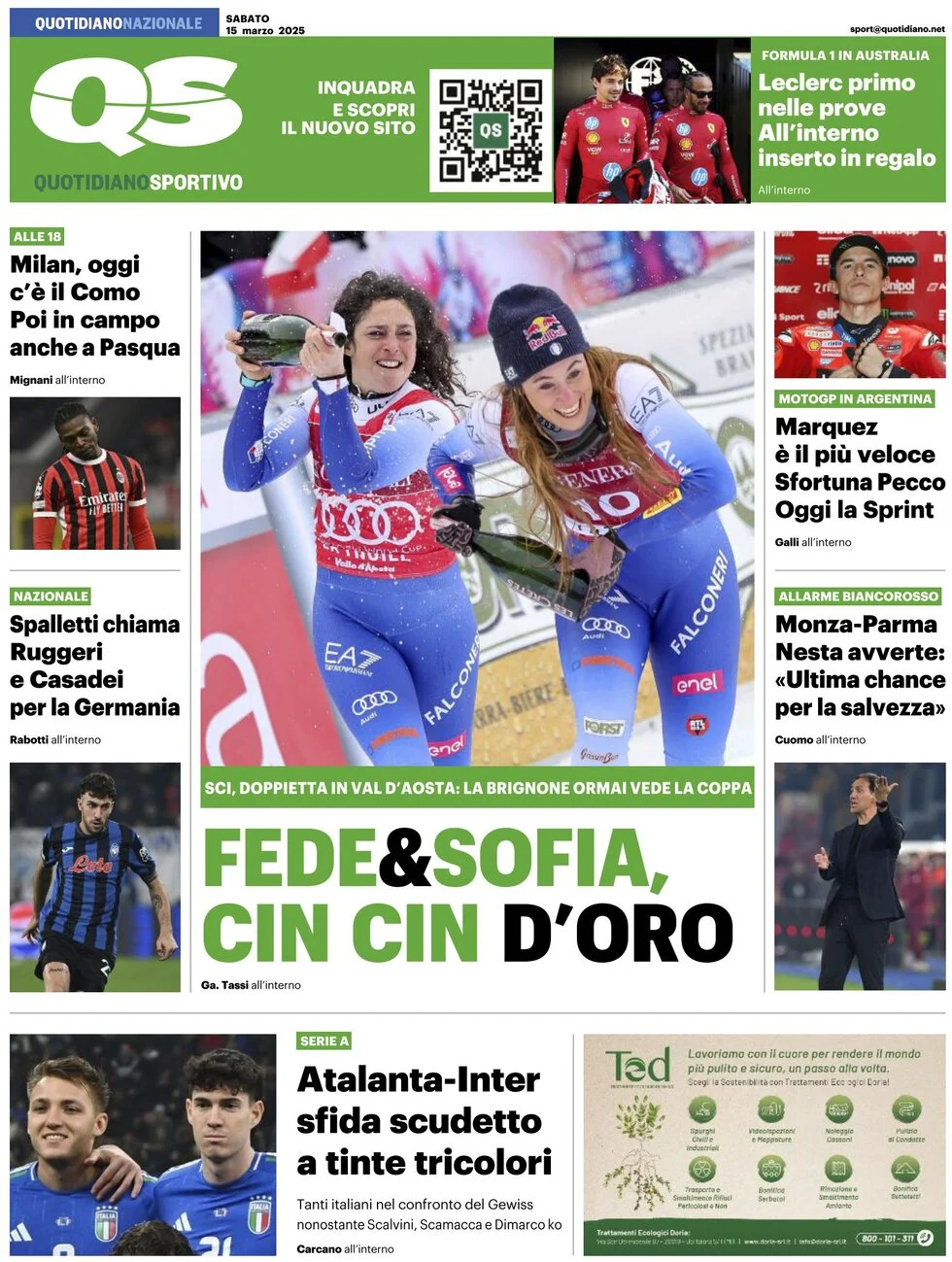 anteprima della prima pagina di qs-quotidiano-sportivo del 15/03/2025