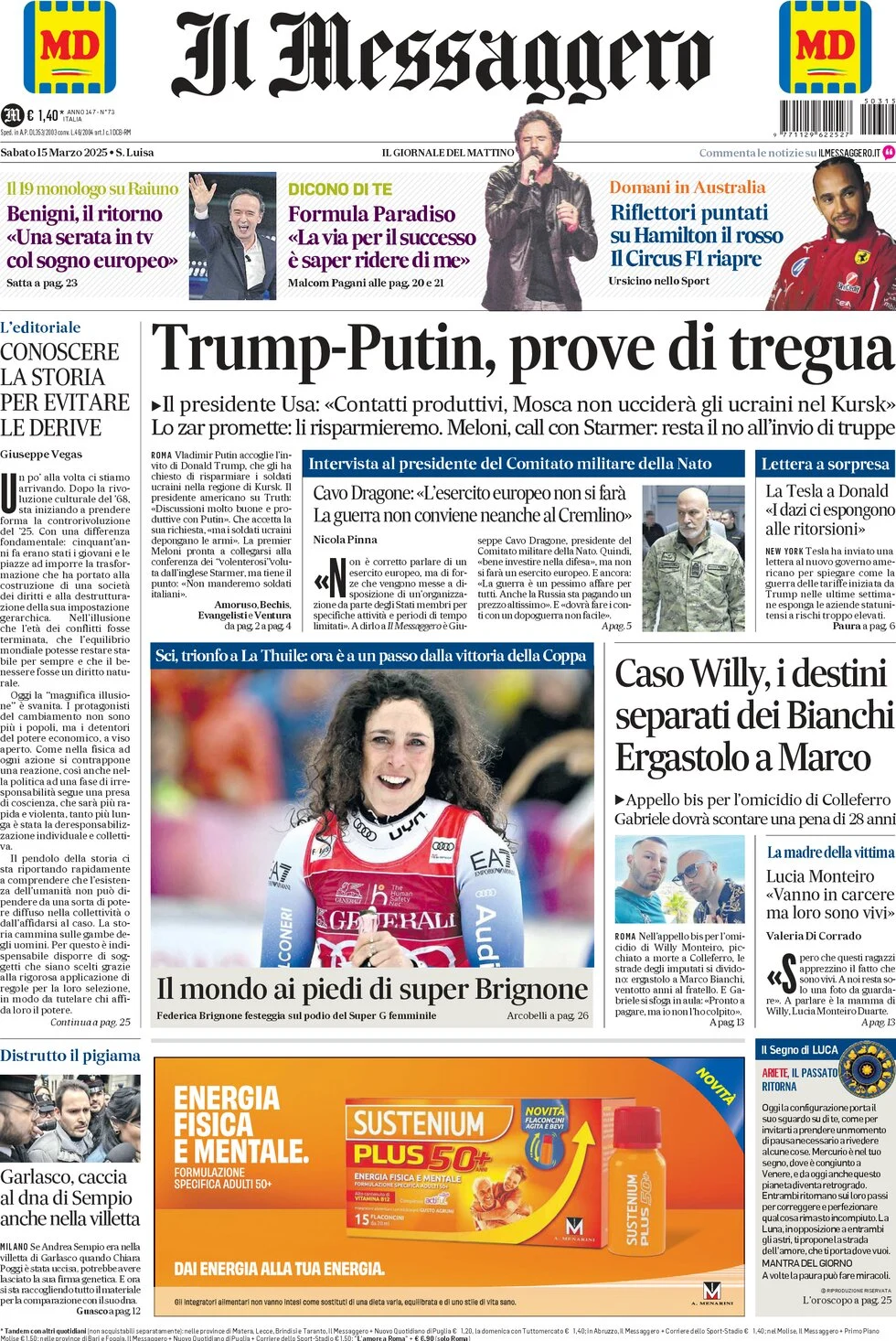 anteprima della prima pagina di il-messaggero del 15/03/2025