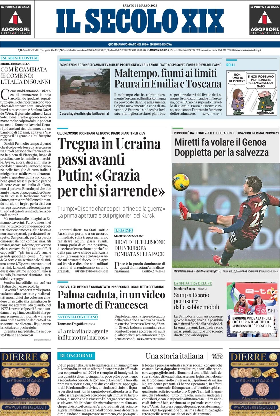 anteprima della prima pagina di il-secolo-xix del 15/03/2025