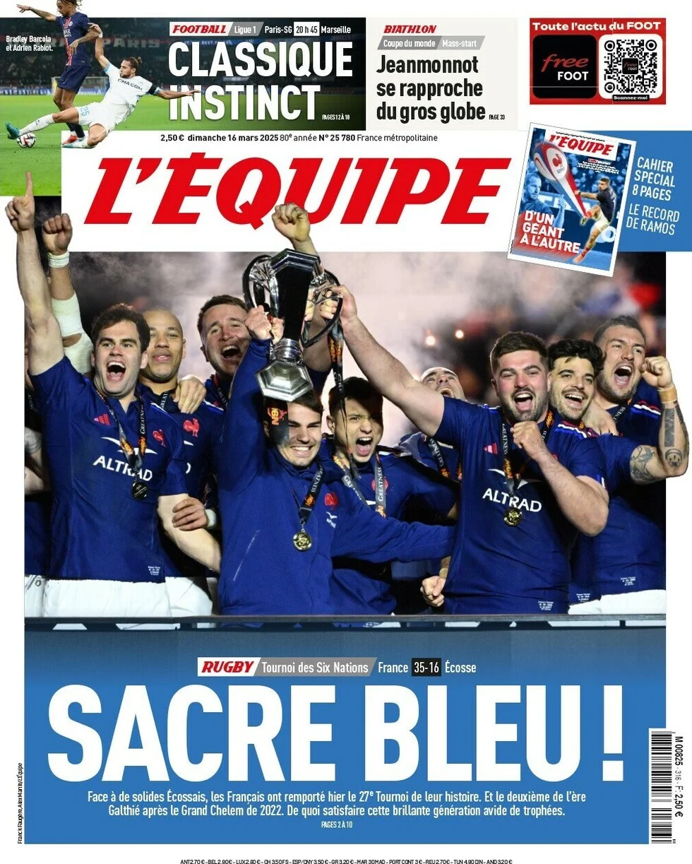 anteprima della prima pagina di lequipe del 16/03/2025