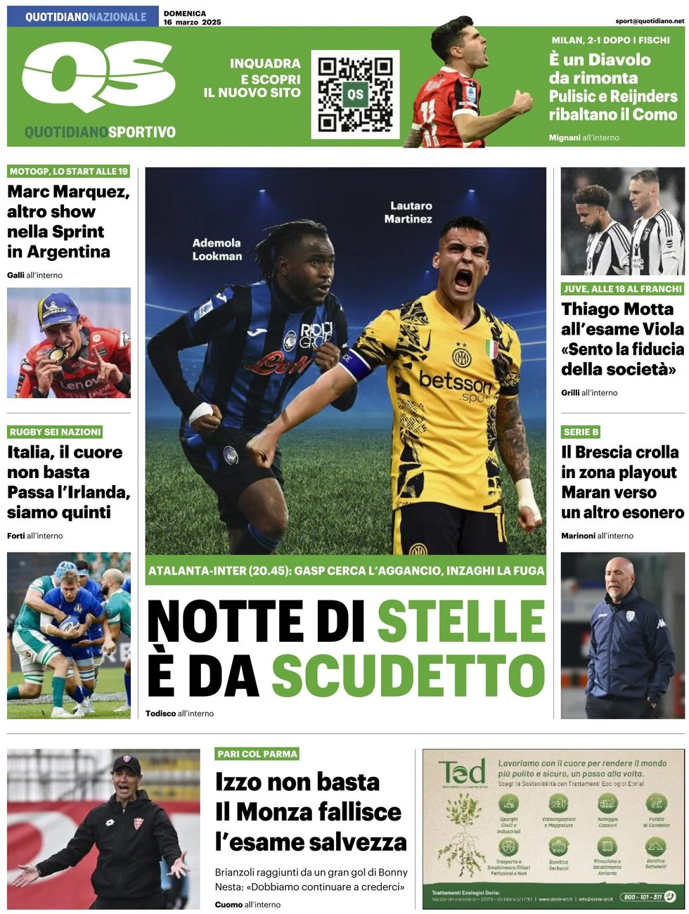 anteprima della prima pagina di qs-quotidiano-sportivo del 16/03/2025