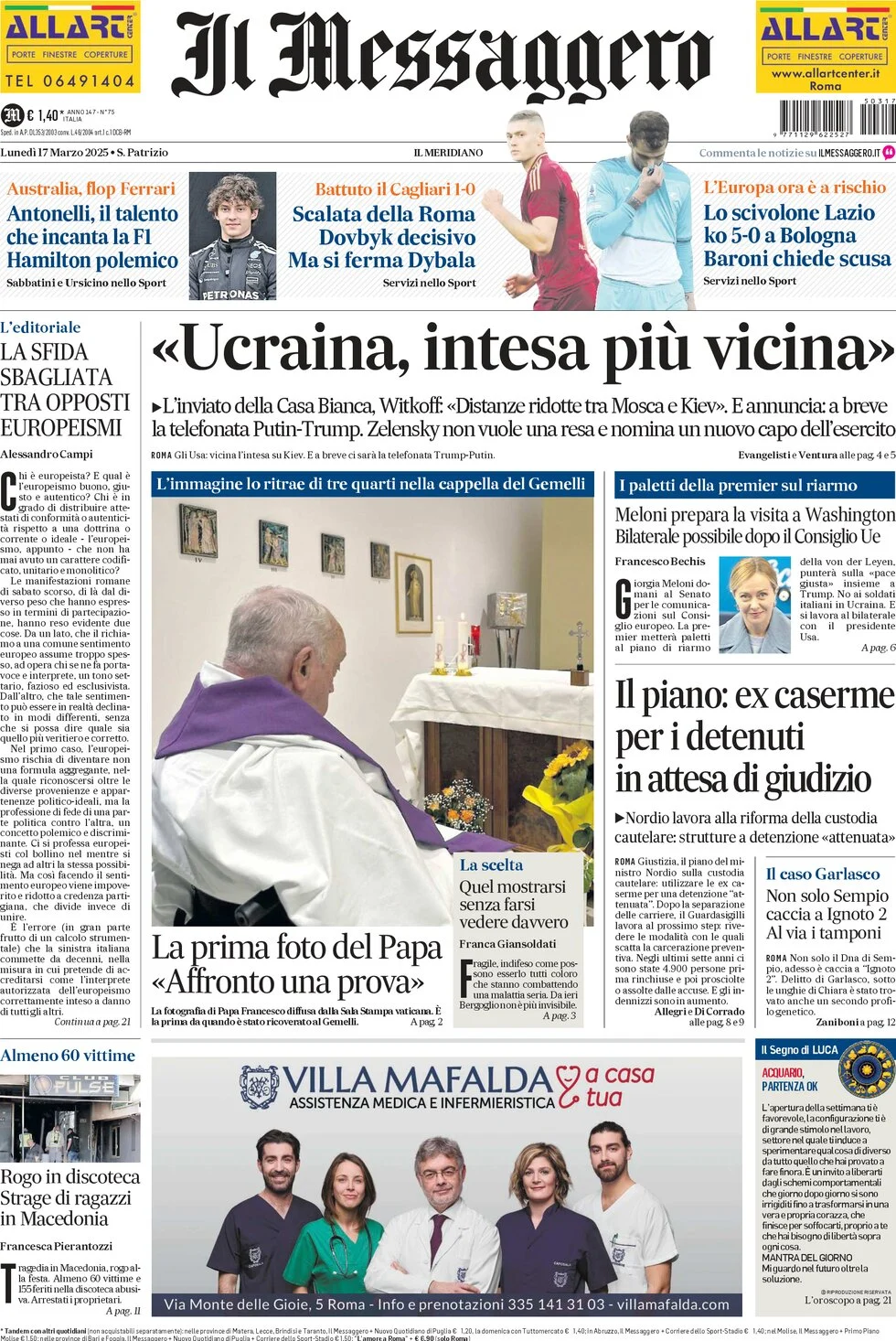 anteprima della prima pagina di il-messaggero del 17/03/2025