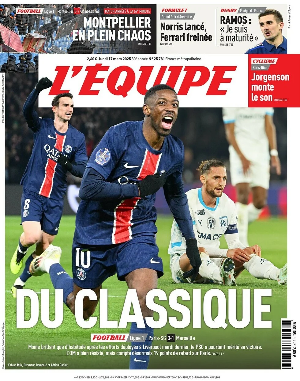 anteprima della prima pagina di lequipe del 17/03/2025