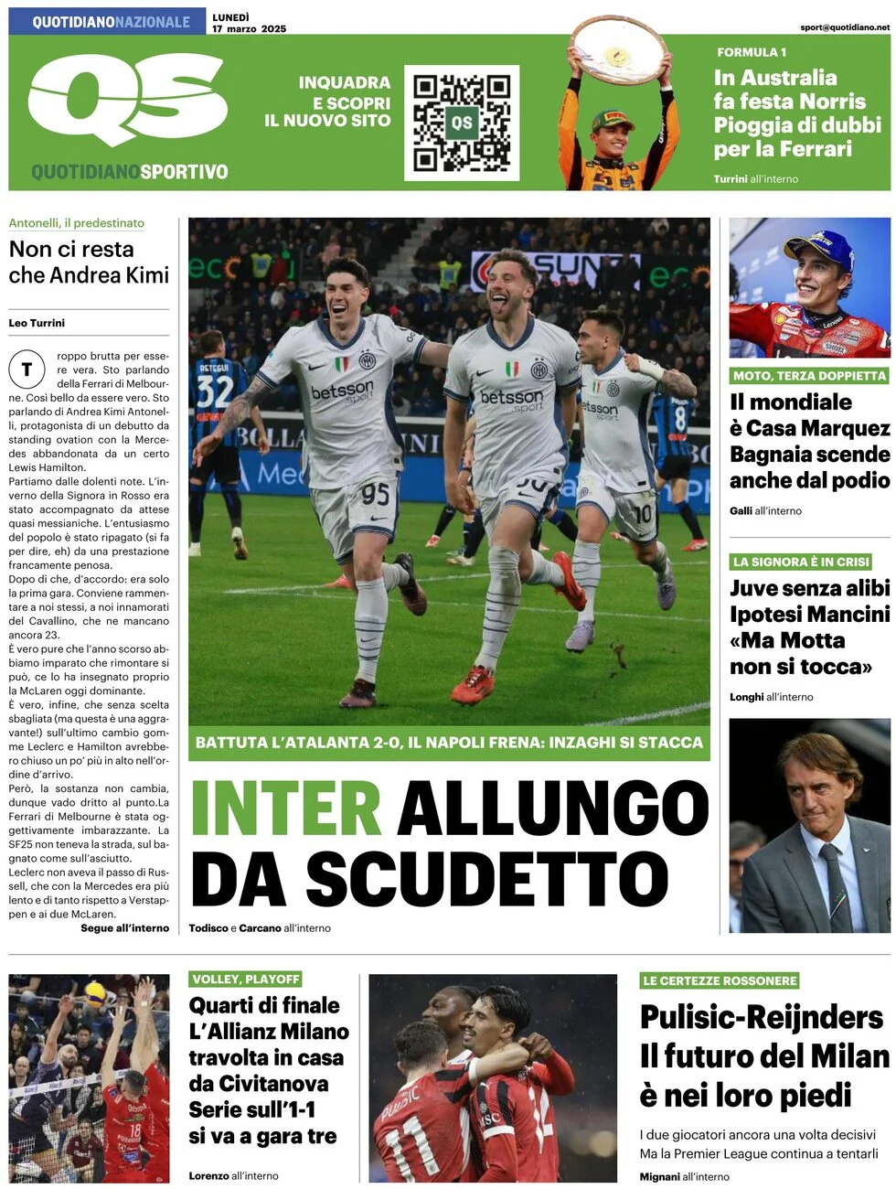 anteprima della prima pagina di qs-quotidiano-sportivo del 17/03/2025