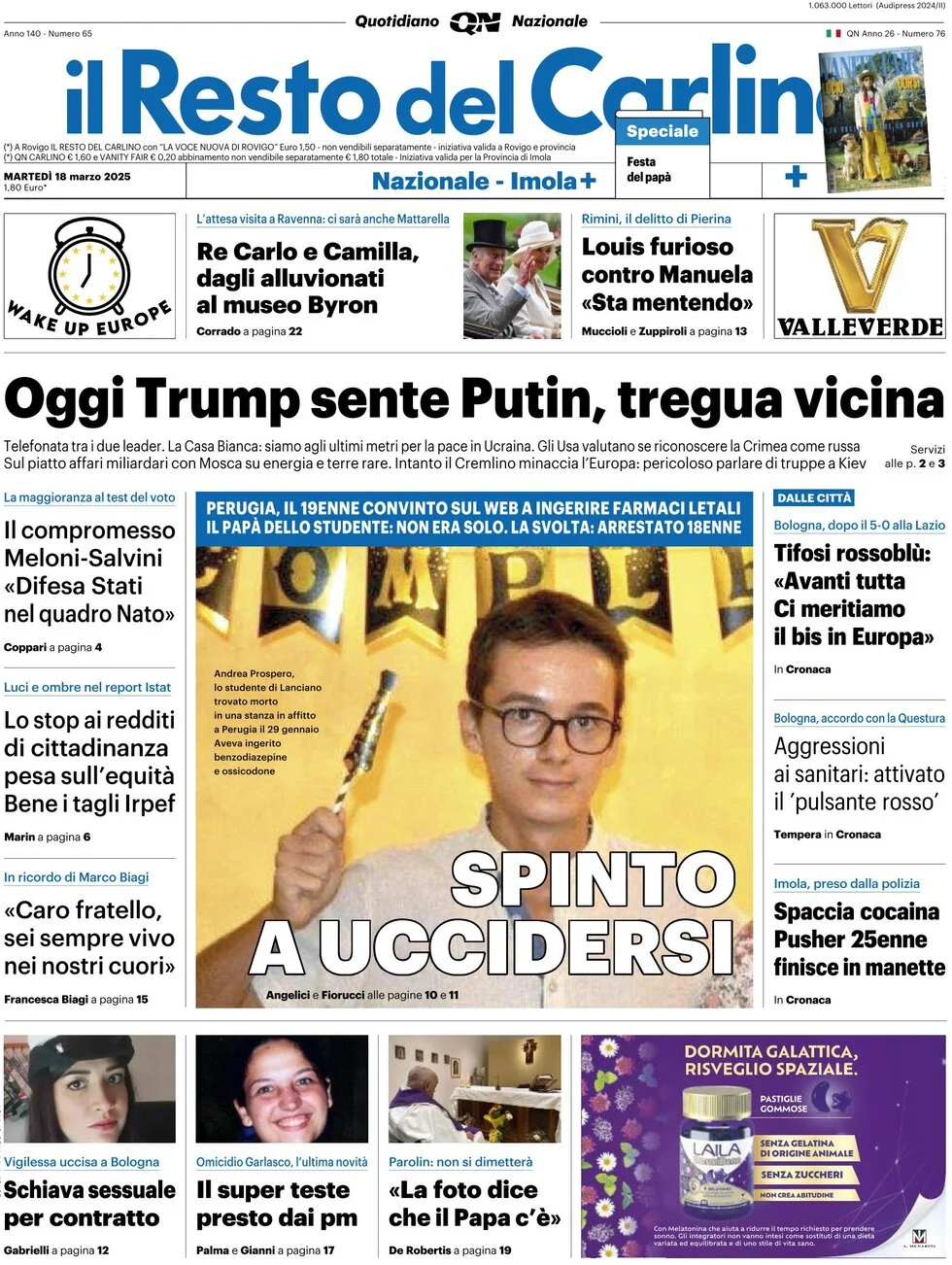 Anteprima prima pagina della rasegna stampa di ieri 2025-03-18 - il-resto-del-carlino/