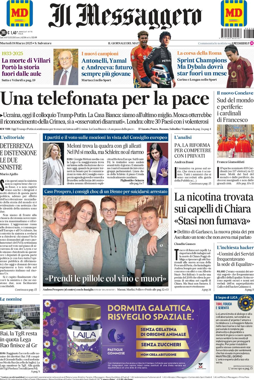 Anteprima prima pagina della rasegna stampa di ieri 2025-03-18 - il-messaggero/