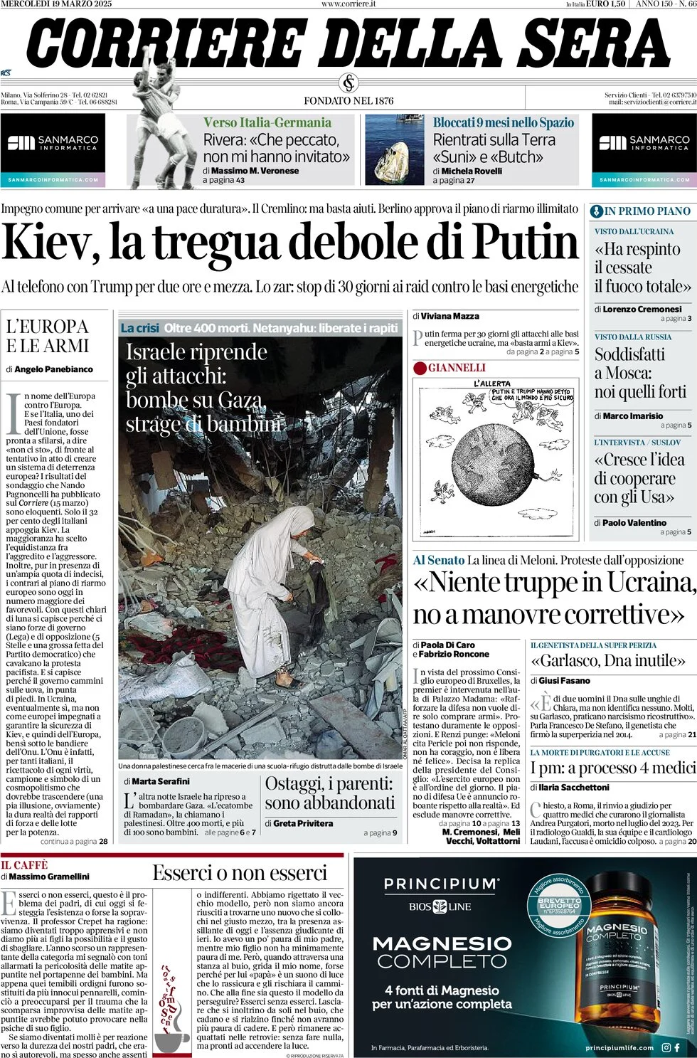 anteprima della prima pagina di Corriere della Sera