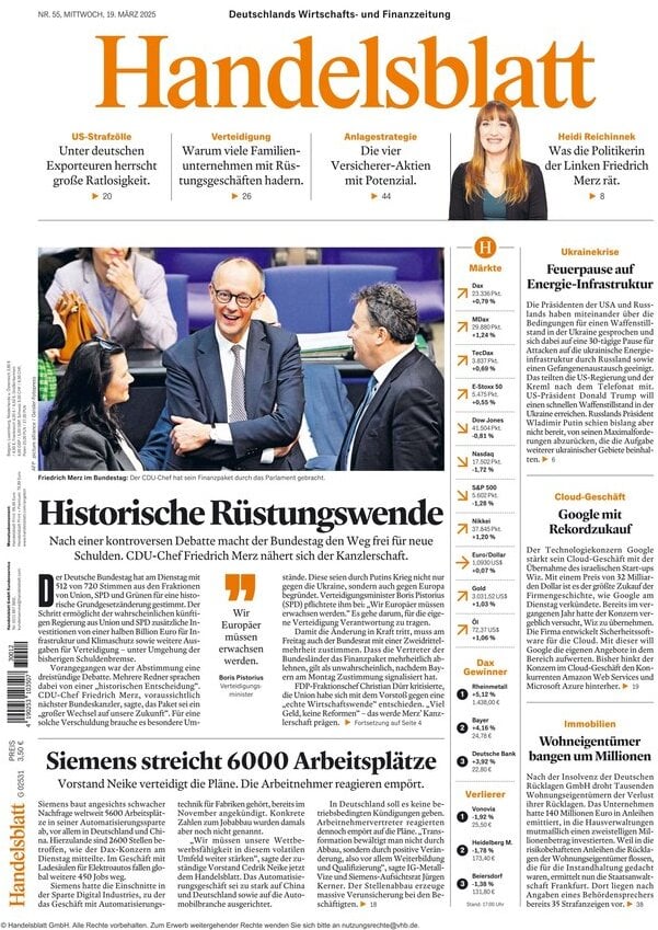 anteprima della prima pagina di Handelsblatt