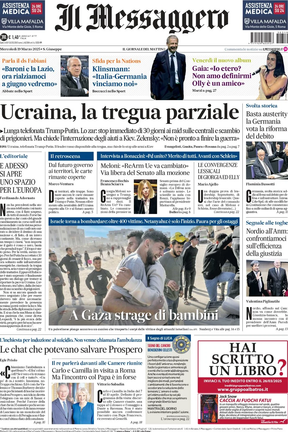 anteprima della prima pagina di Il Messaggero