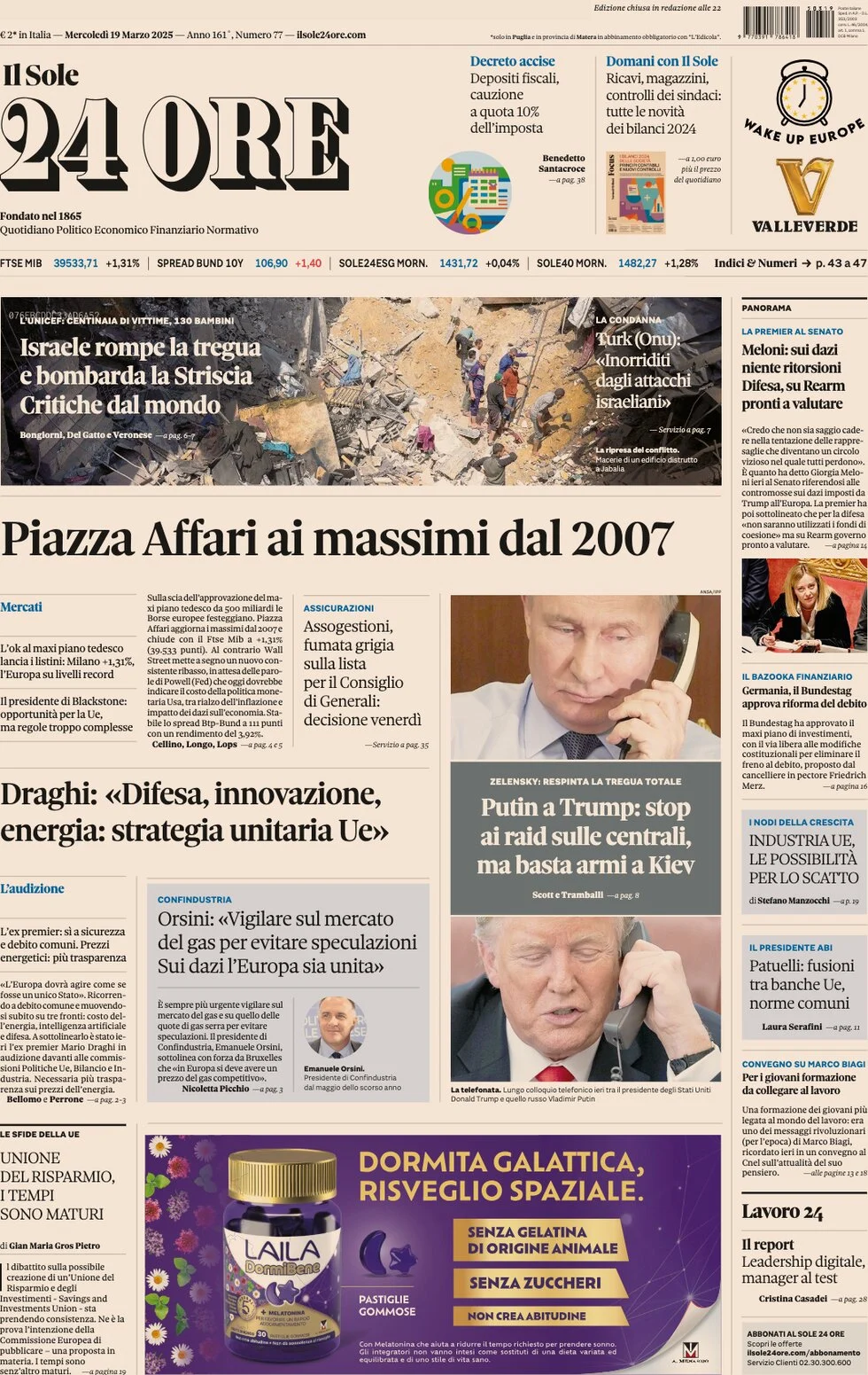 anteprima della prima pagina di Il Sole 24 Ore