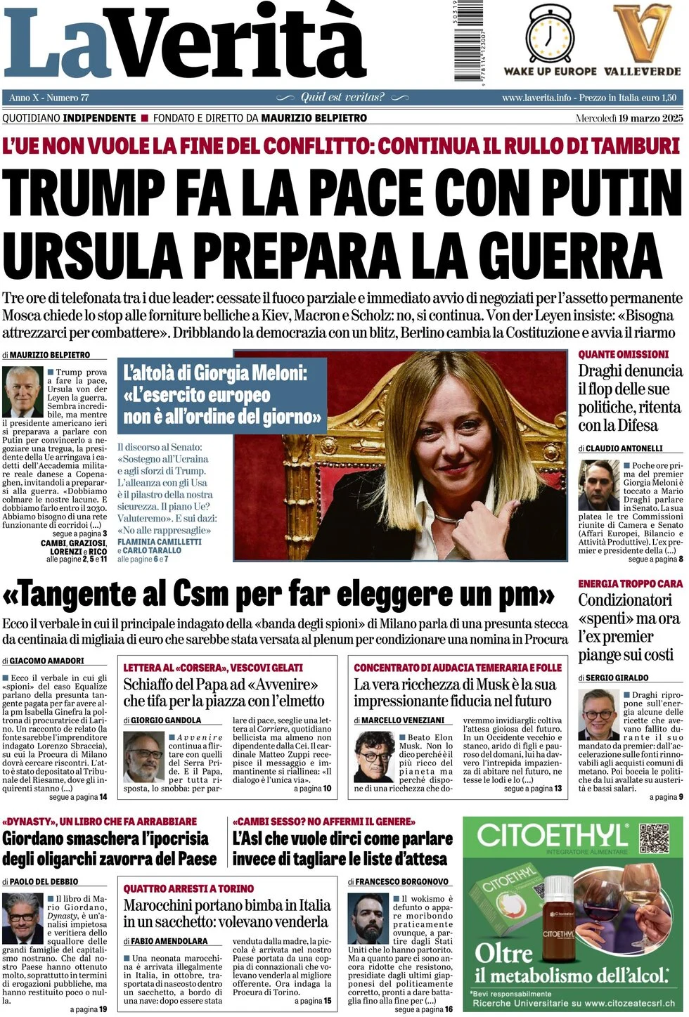 anteprima della prima pagina di La Verità