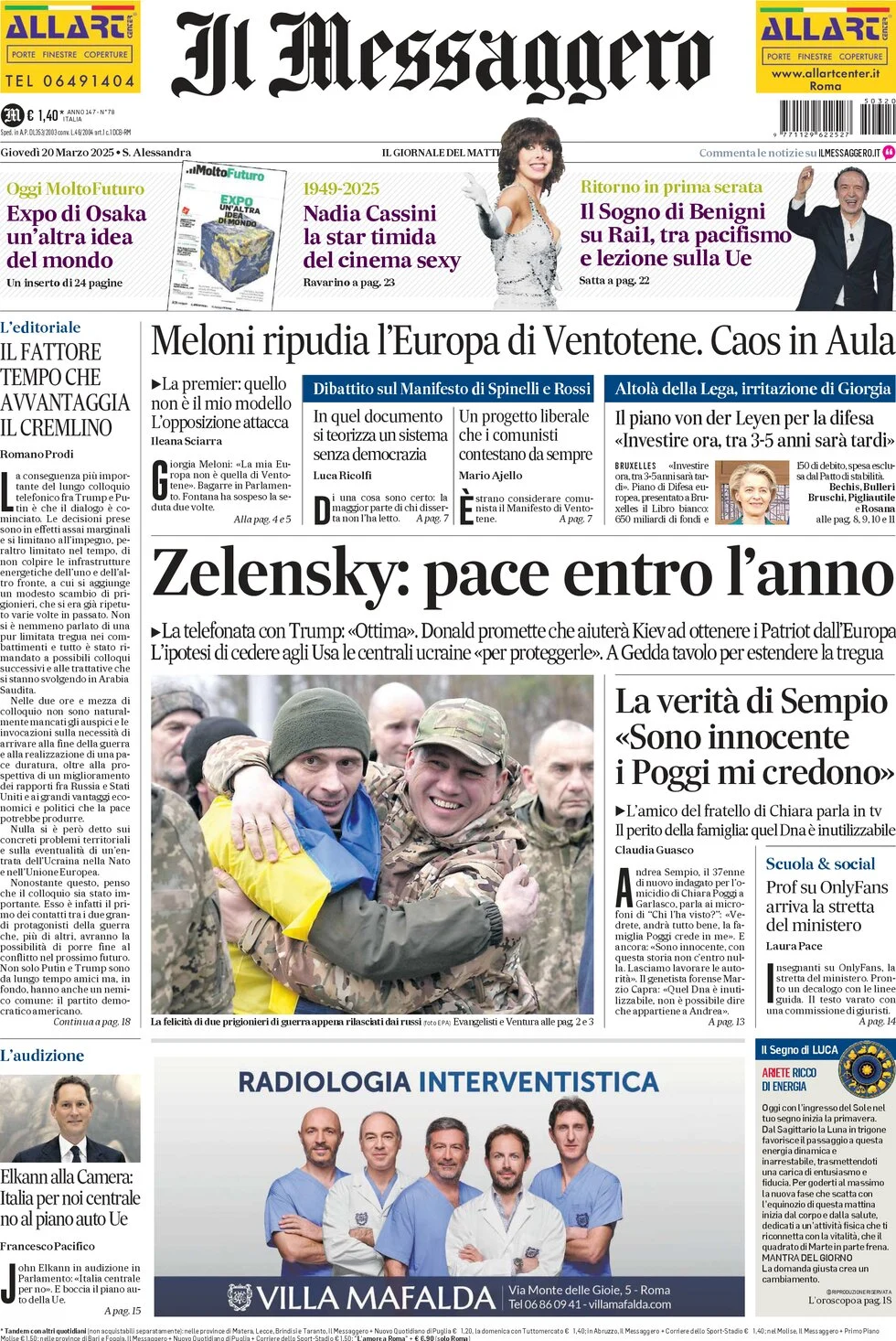 anteprima della prima pagina di il-messaggero del 20/03/2025