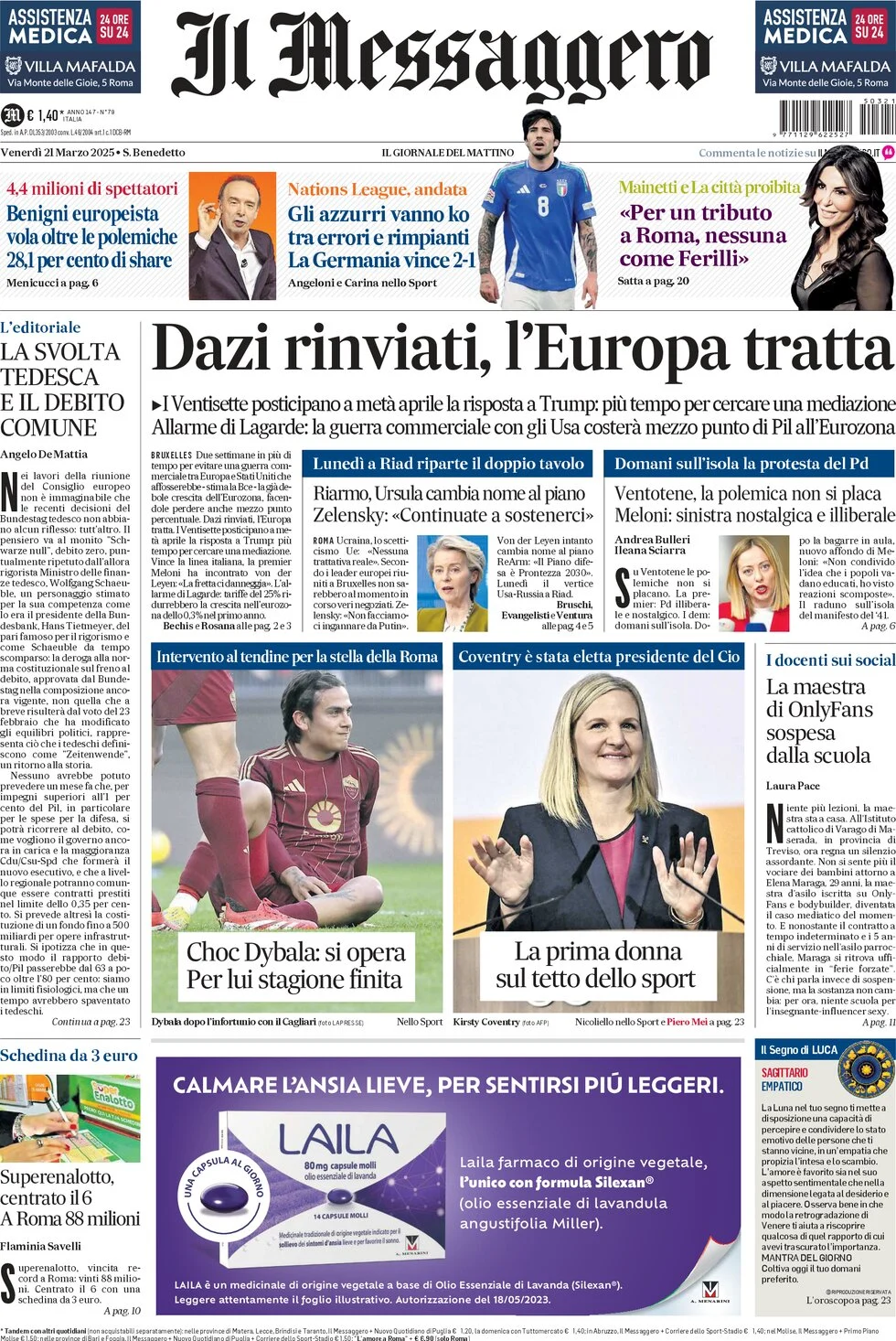 anteprima della prima pagina di il-messaggero del 21/03/2025