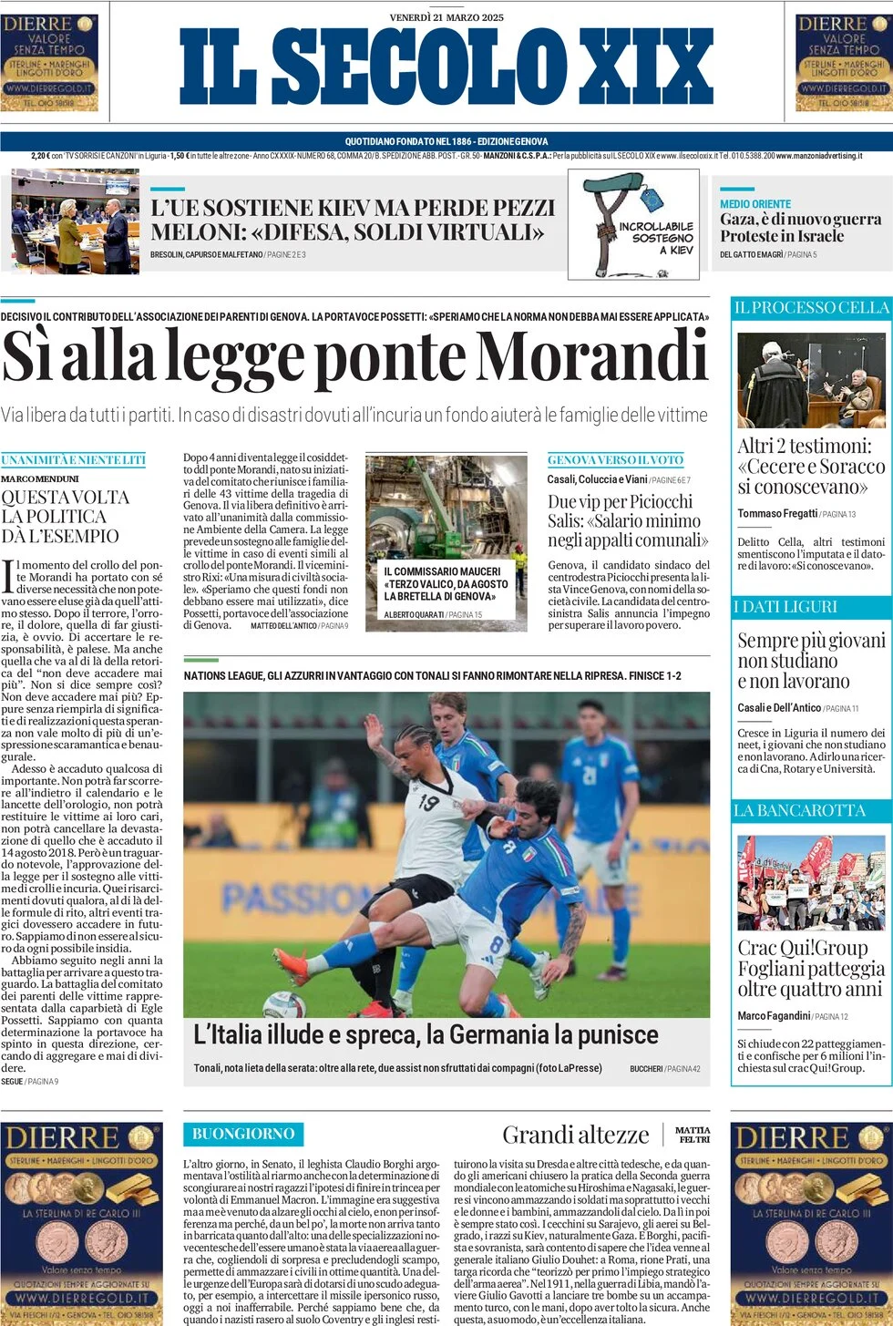 anteprima della prima pagina di il-secolo-xix del 21/03/2025
