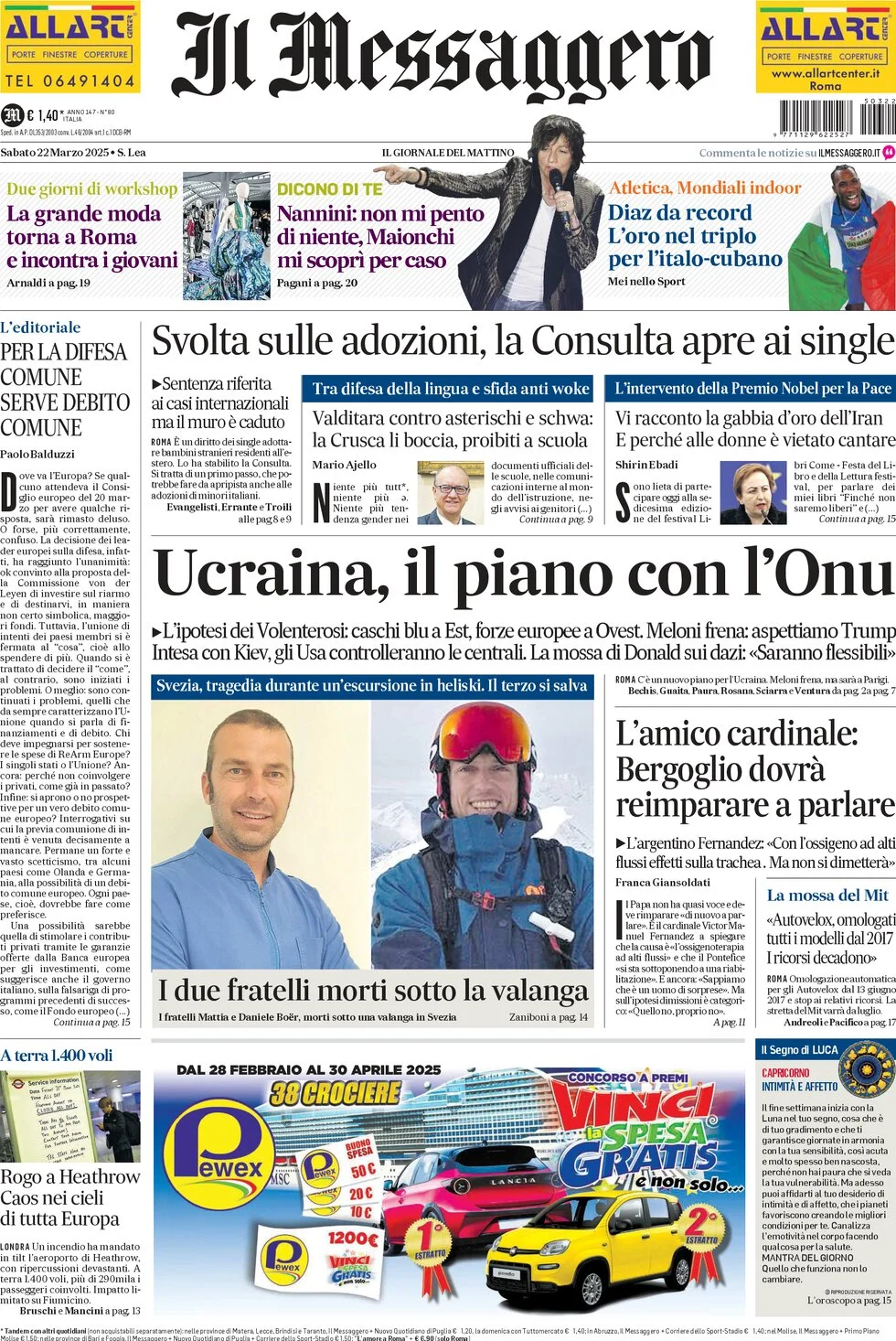 anteprima della prima pagina di il-messaggero del 22/03/2025