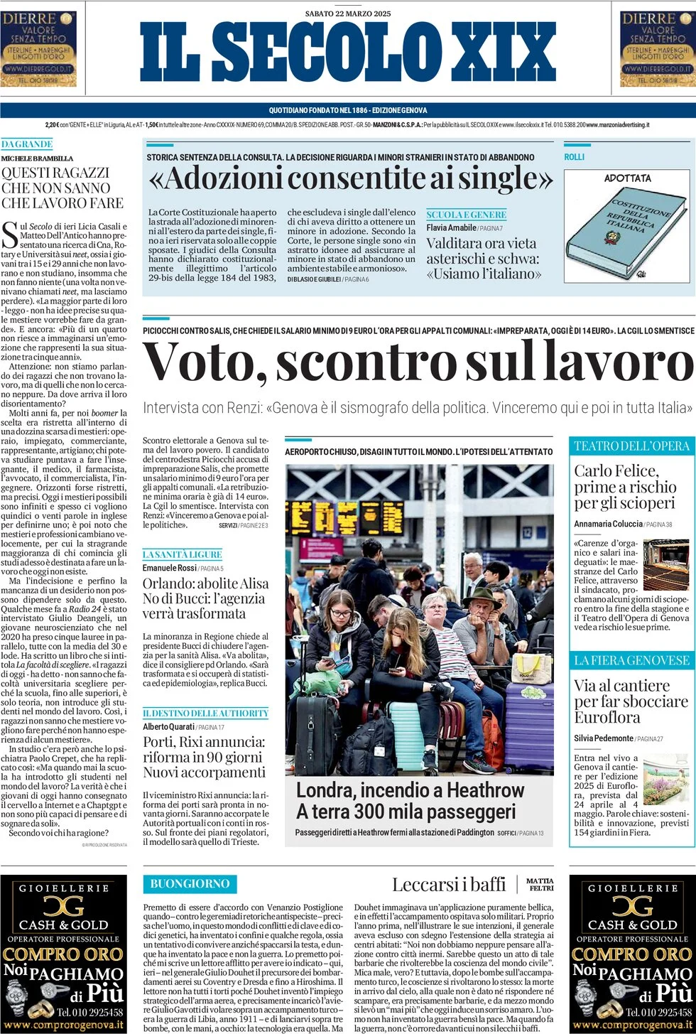 anteprima della prima pagina di il-secolo-xix del 22/03/2025
