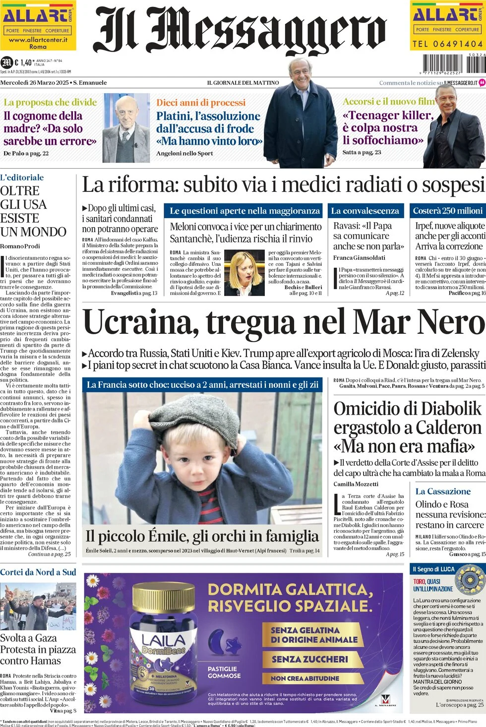 anteprima della prima pagina di il-messaggero del 26/03/2025