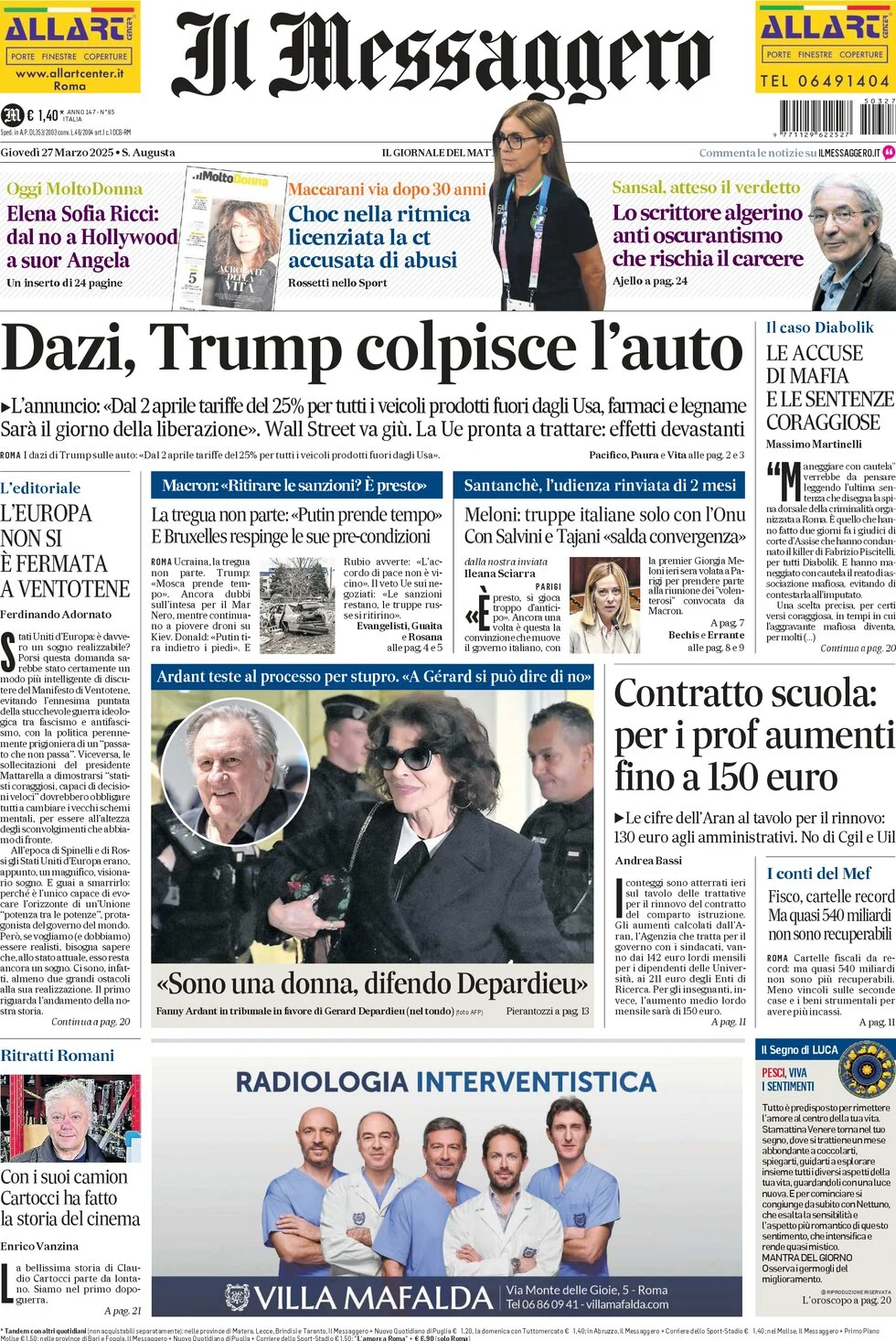 anteprima della prima pagina di il-messaggero del 27/03/2025