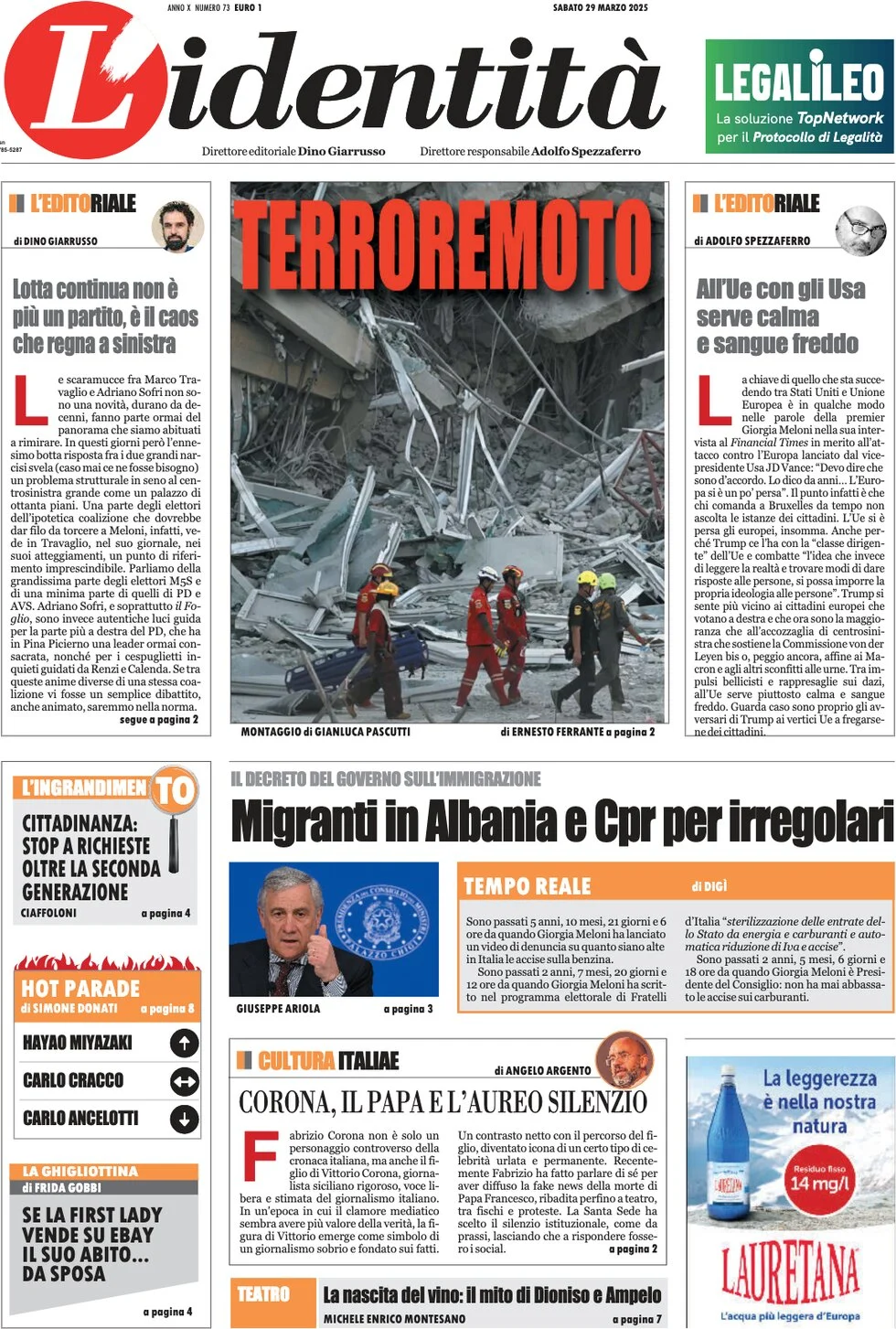anteprima della prima pagina di lidentit del 29/03/2025