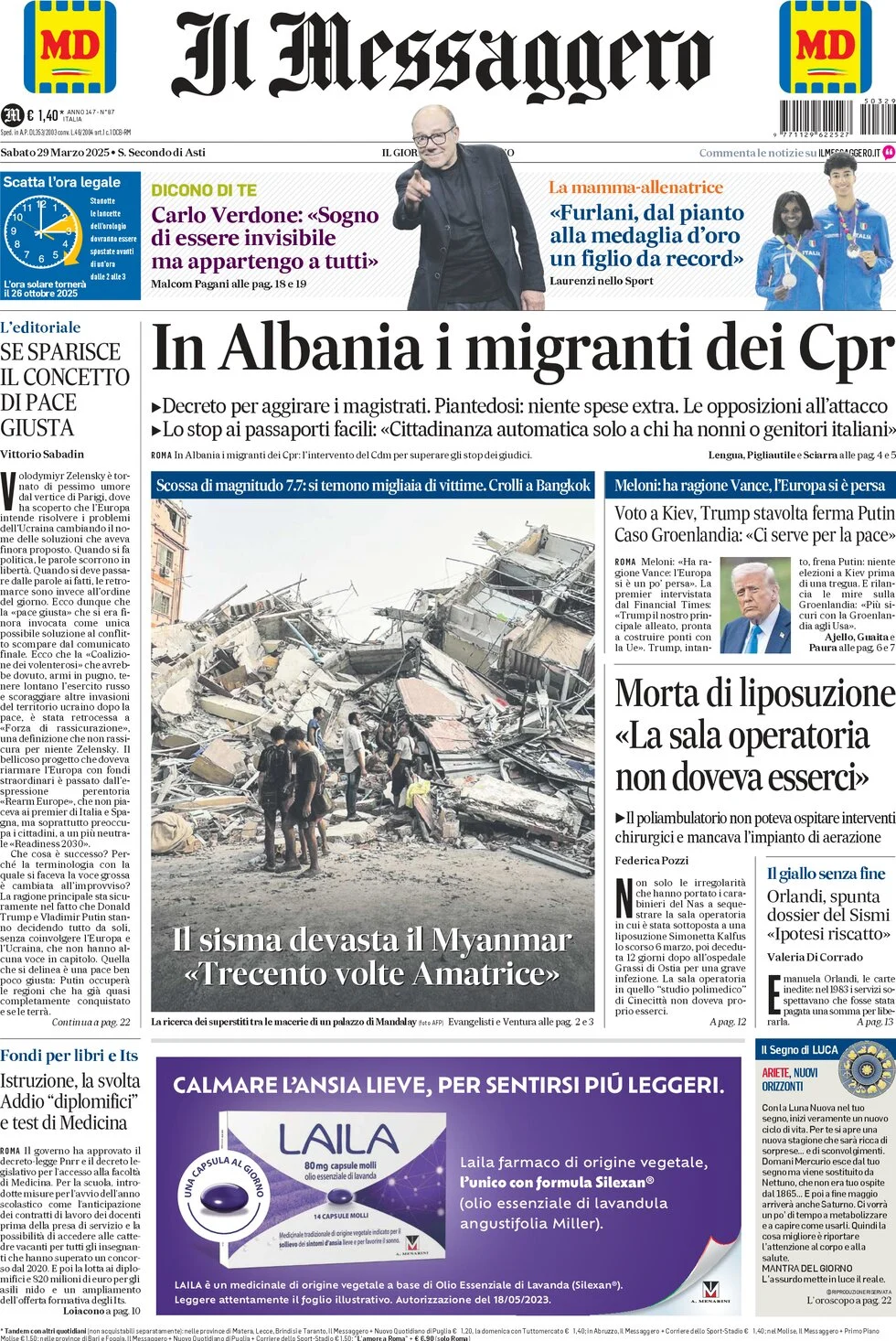 anteprima della prima pagina di il-messaggero del 29/03/2025