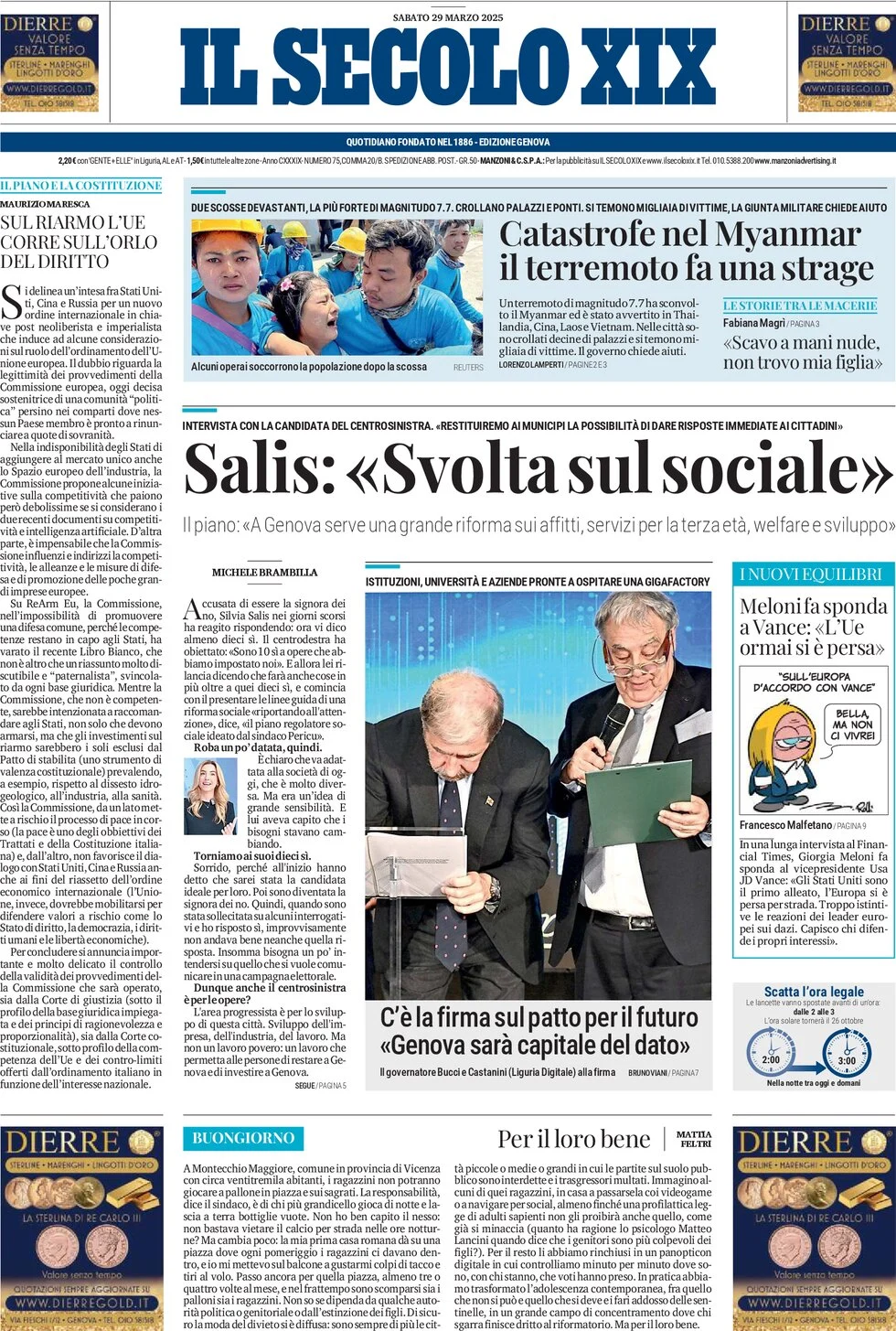 anteprima della prima pagina di il-secolo-xix del 29/03/2025