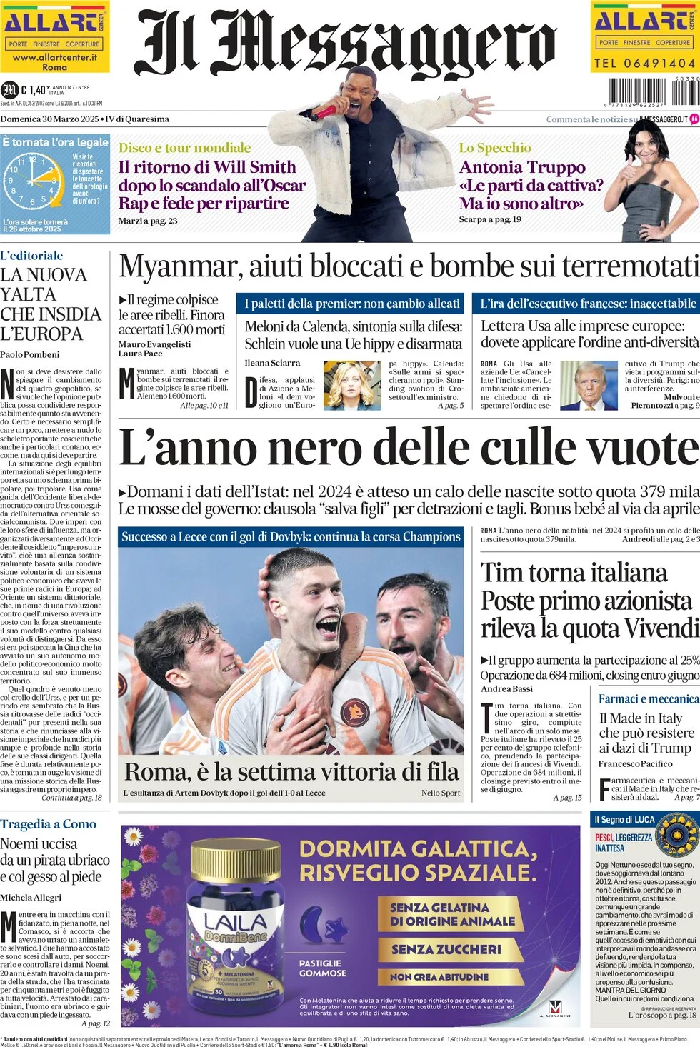 anteprima della prima pagina di il-messaggero del 30/03/2025