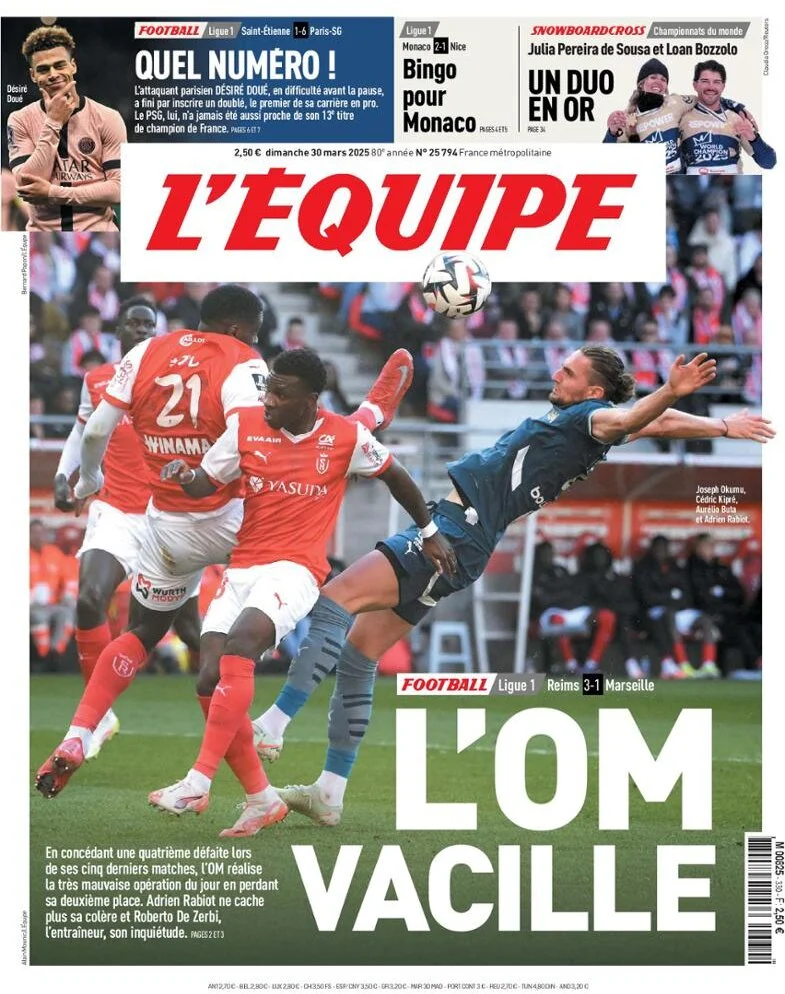 anteprima della prima pagina di lequipe del 30/03/2025