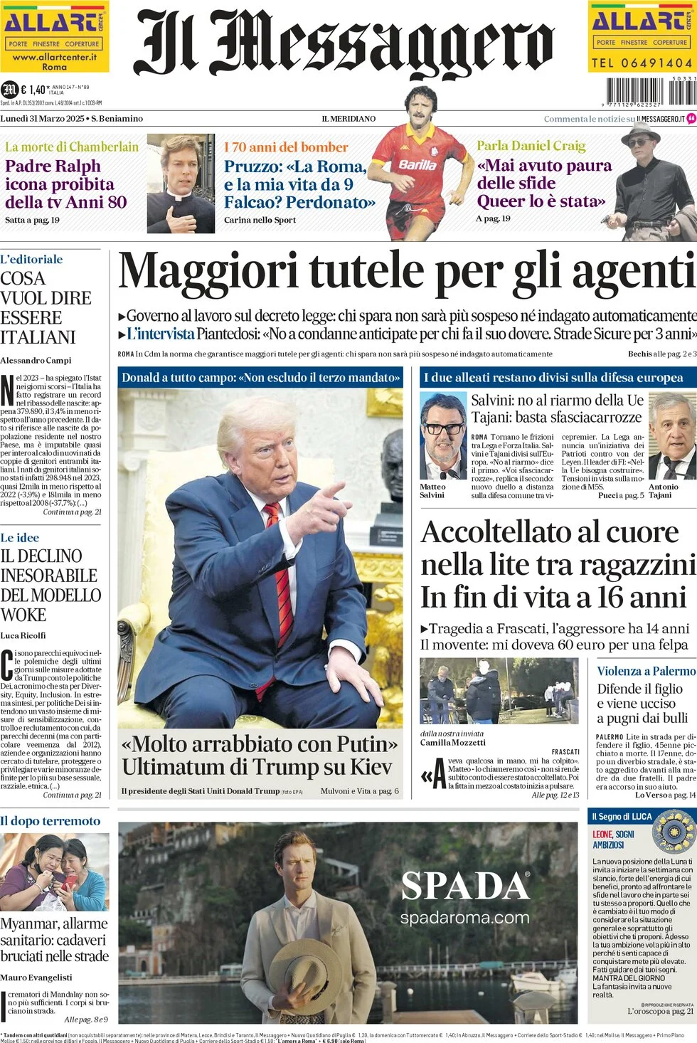 anteprima della prima pagina di il-messaggero del 31/03/2025