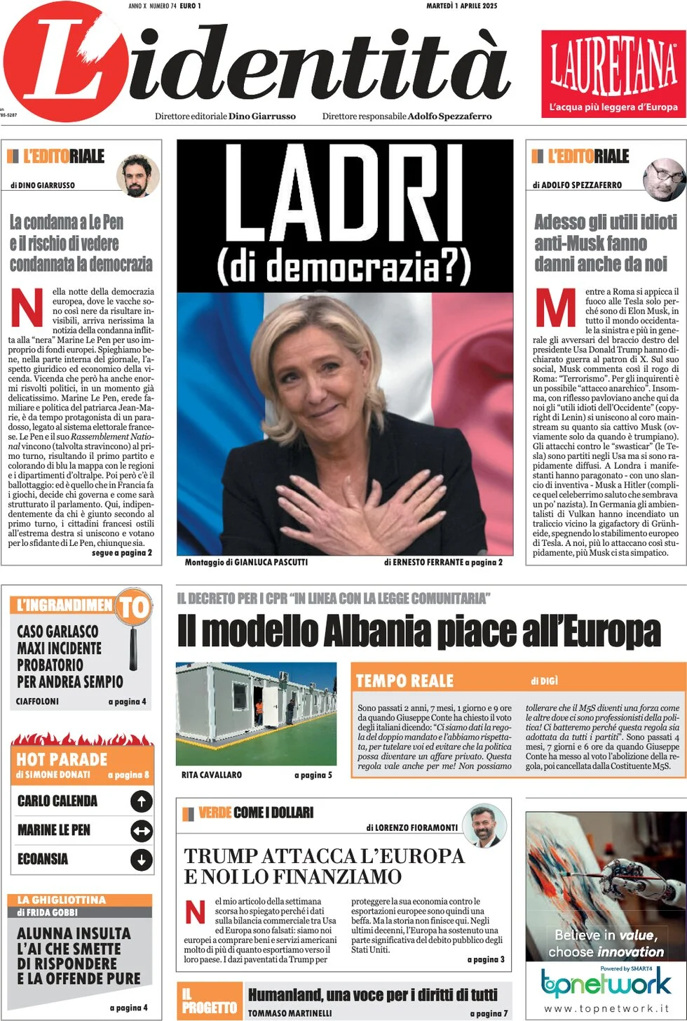 anteprima della prima pagina di lidentit del 01/04/2025