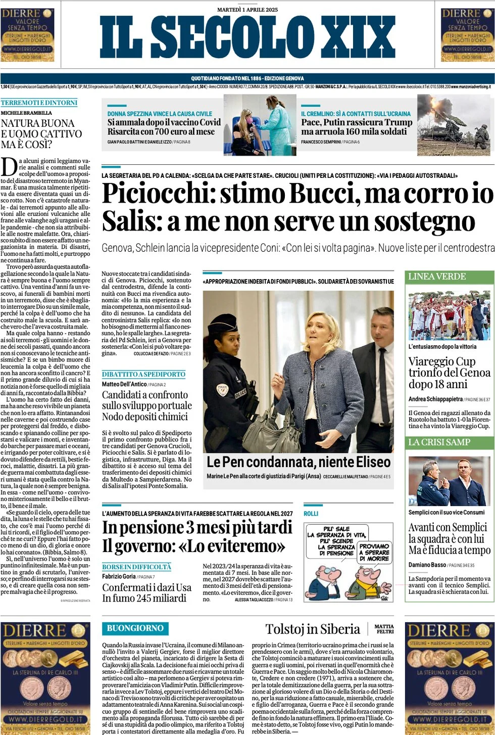 anteprima della prima pagina di il-secolo-xix del 01/04/2025
