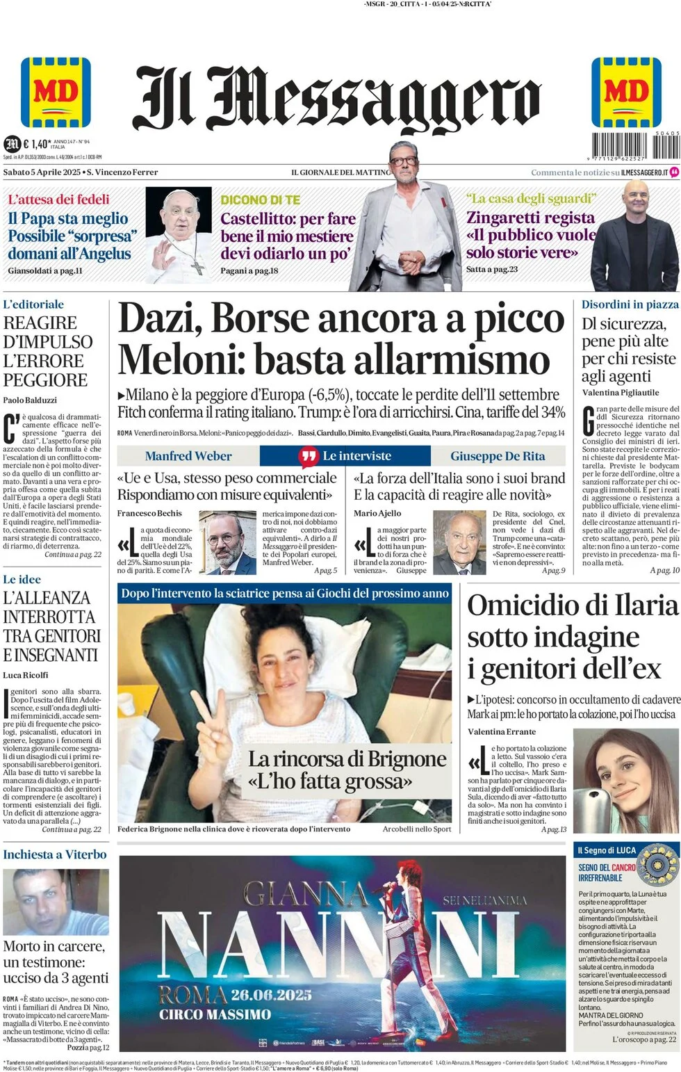 anteprima della prima pagina di il-messaggero del 05/04/2025