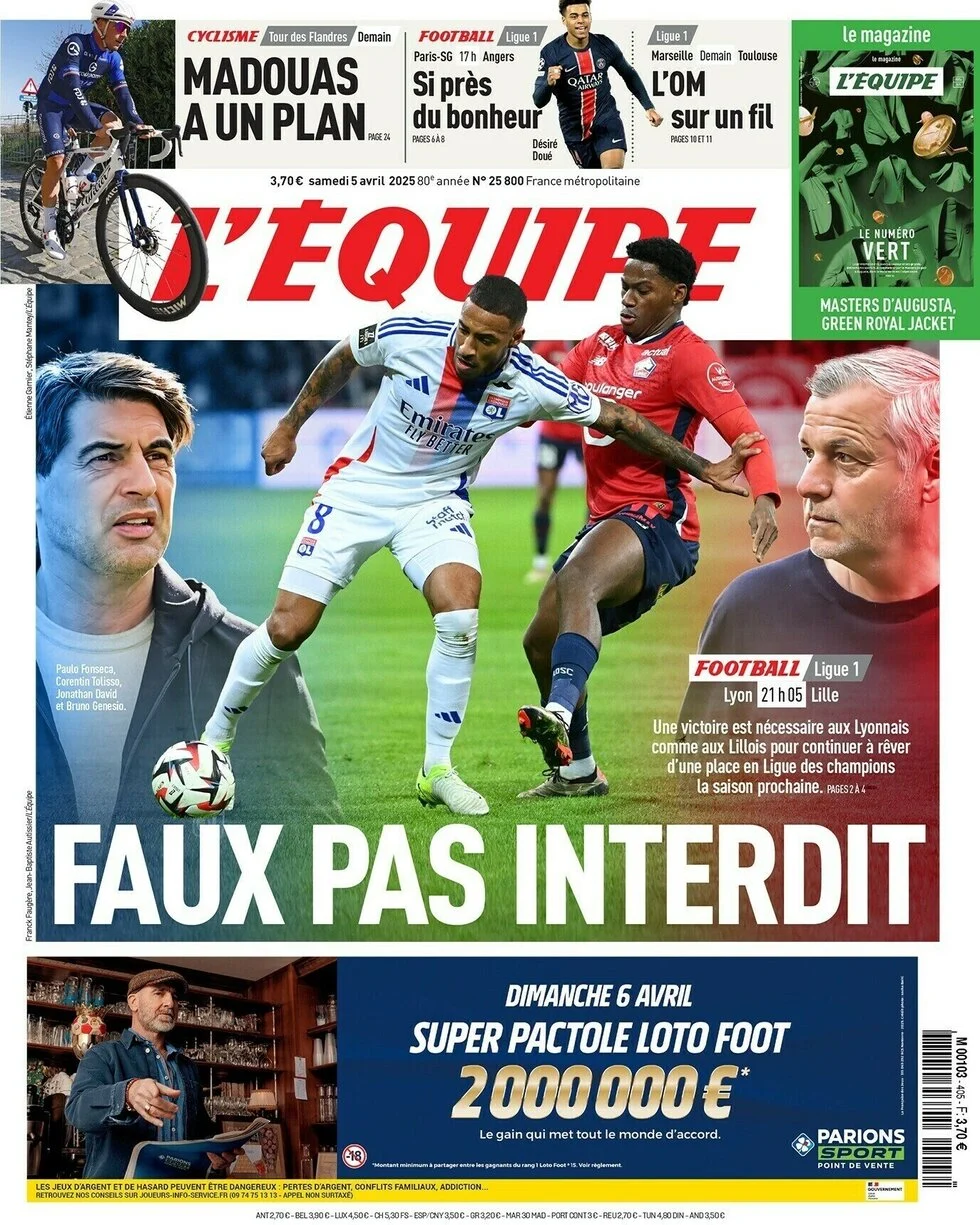 anteprima della prima pagina di lequipe del 05/04/2025