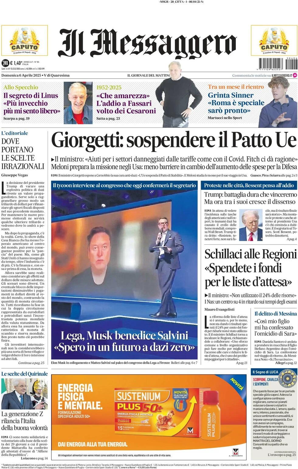 anteprima della prima pagina di il-messaggero del 06/04/2025