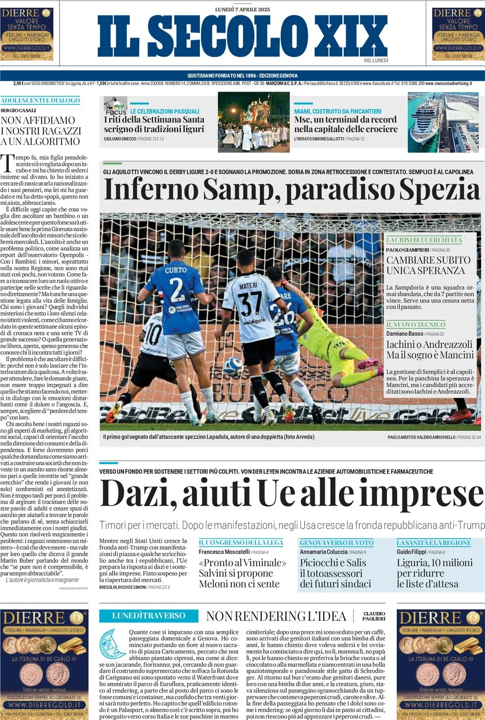 anteprima della prima pagina di il-secolo-xix del 07/04/2025