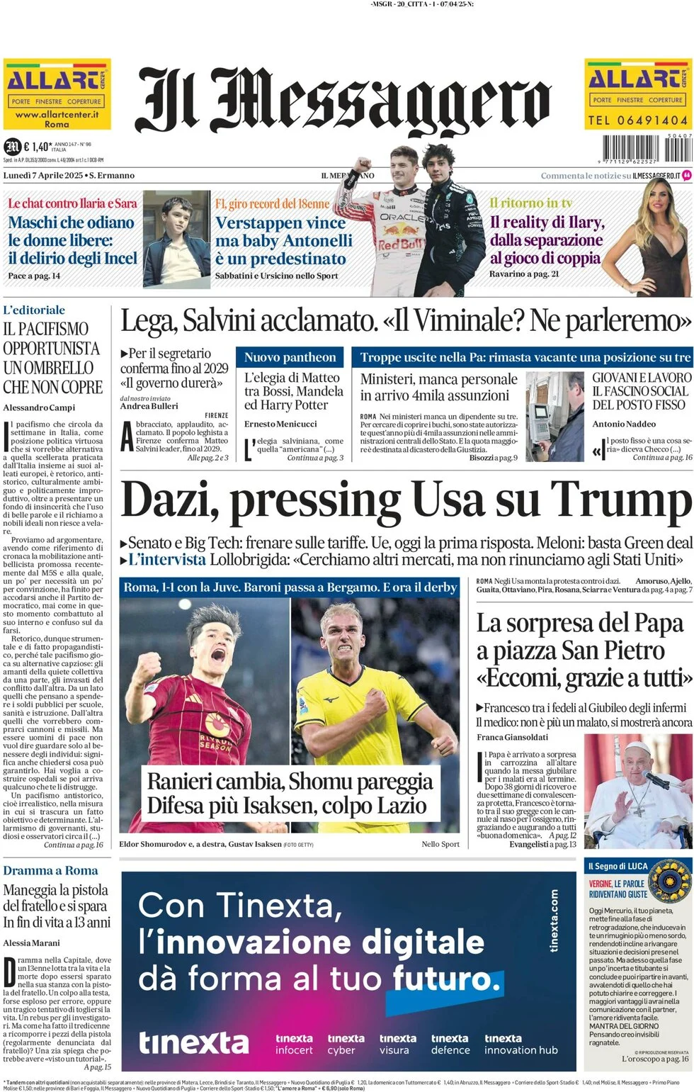 anteprima della prima pagina di il-messaggero del 07/04/2025