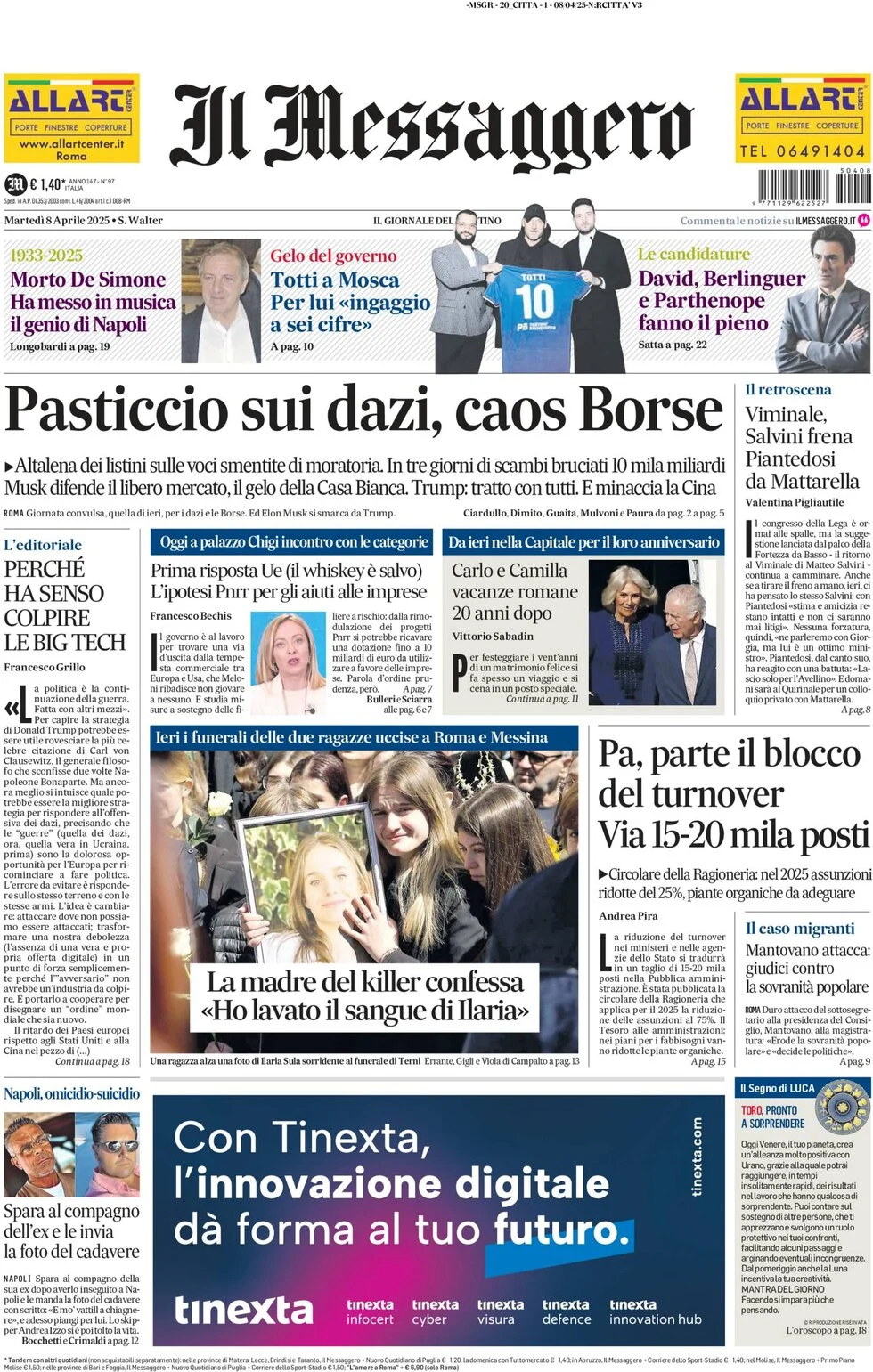 anteprima della prima pagina di il-messaggero del 08/04/2025
