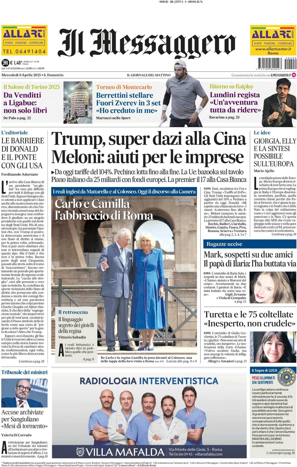 anteprima della prima pagina di il-messaggero del 09/04/2025